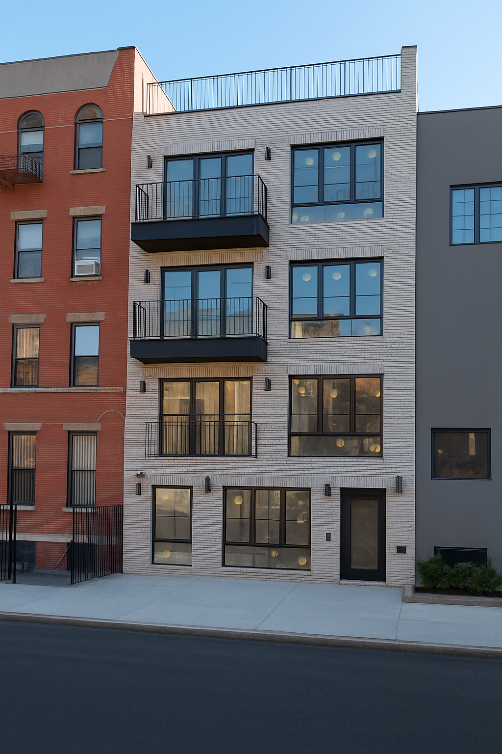 Modern multi-story building with white brick facade and large black-framed windows, including three balconies with black railings, flanked by older brick and gray buildings, under a clear blue sky.