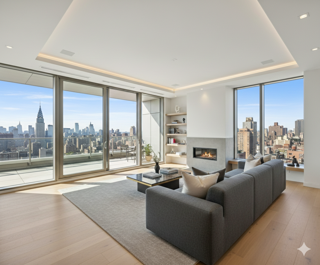Modern living room with floor-to-ceiling windows showcasing a city skyline, including the Chrysler Building. Contains a gray sofa, coffee table, built-in shelves, a fireplace, and a balcony with outdoor furniture.