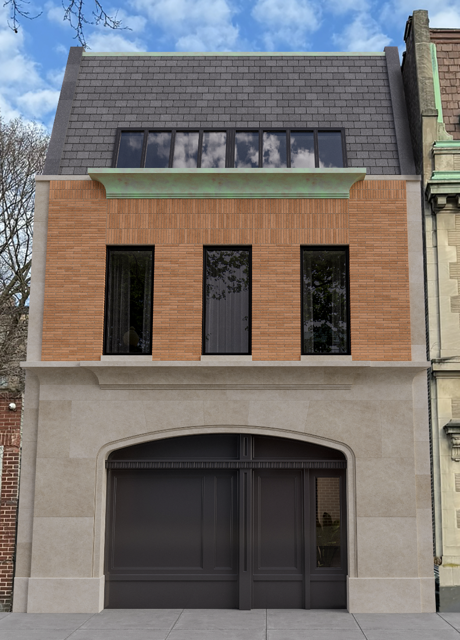 Modern multi-story building with a beige stone ground floor, a middle section with orange brick facade and tall black windows, and a black top floor with dark gray shingles.