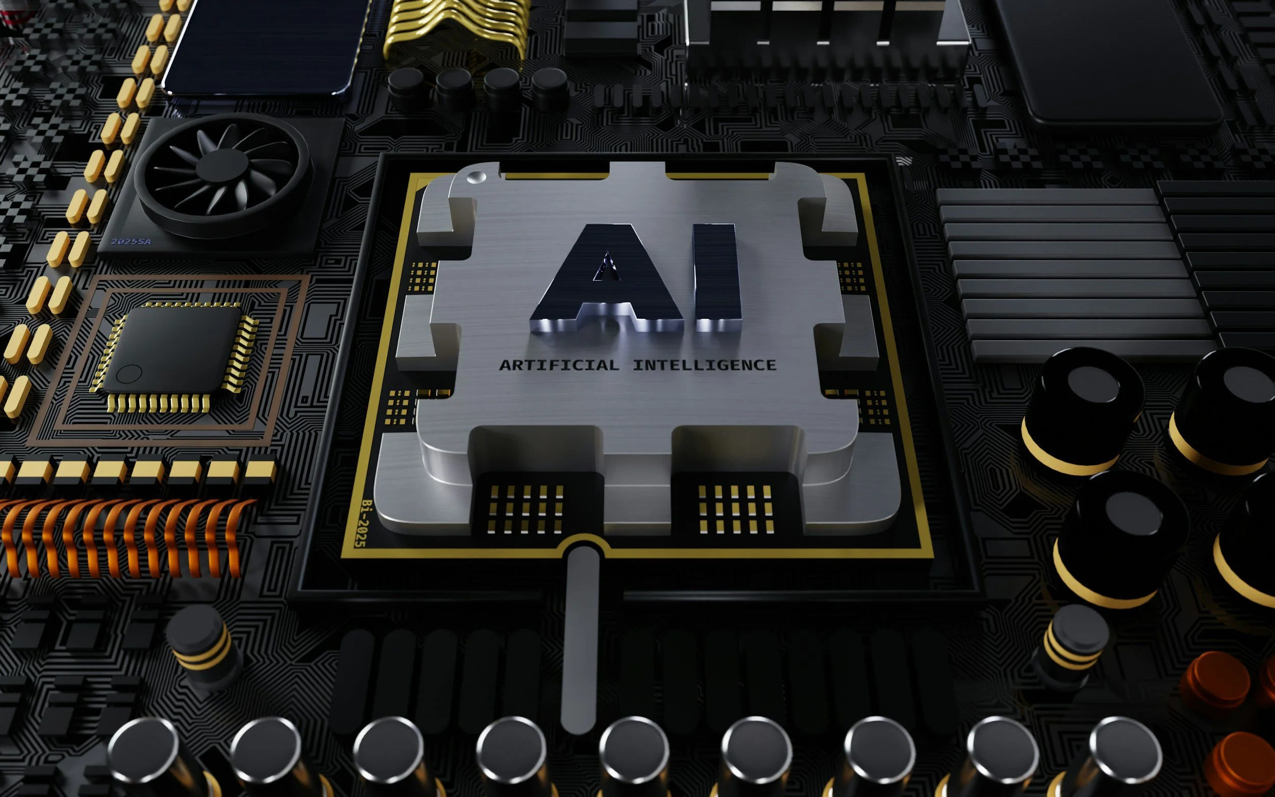 Close-up of a black printed circuit board with electronic components including microchips, resistors, and capacitors.