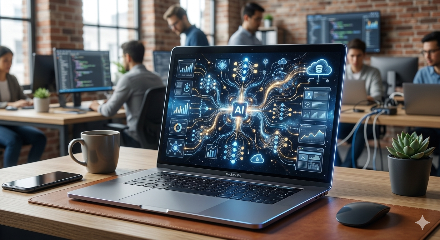 A modern laptop on a wooden desk in a co-working office, displaying a glowing neural network and data nodes on the screen, symbolizing AI integration in a business environment