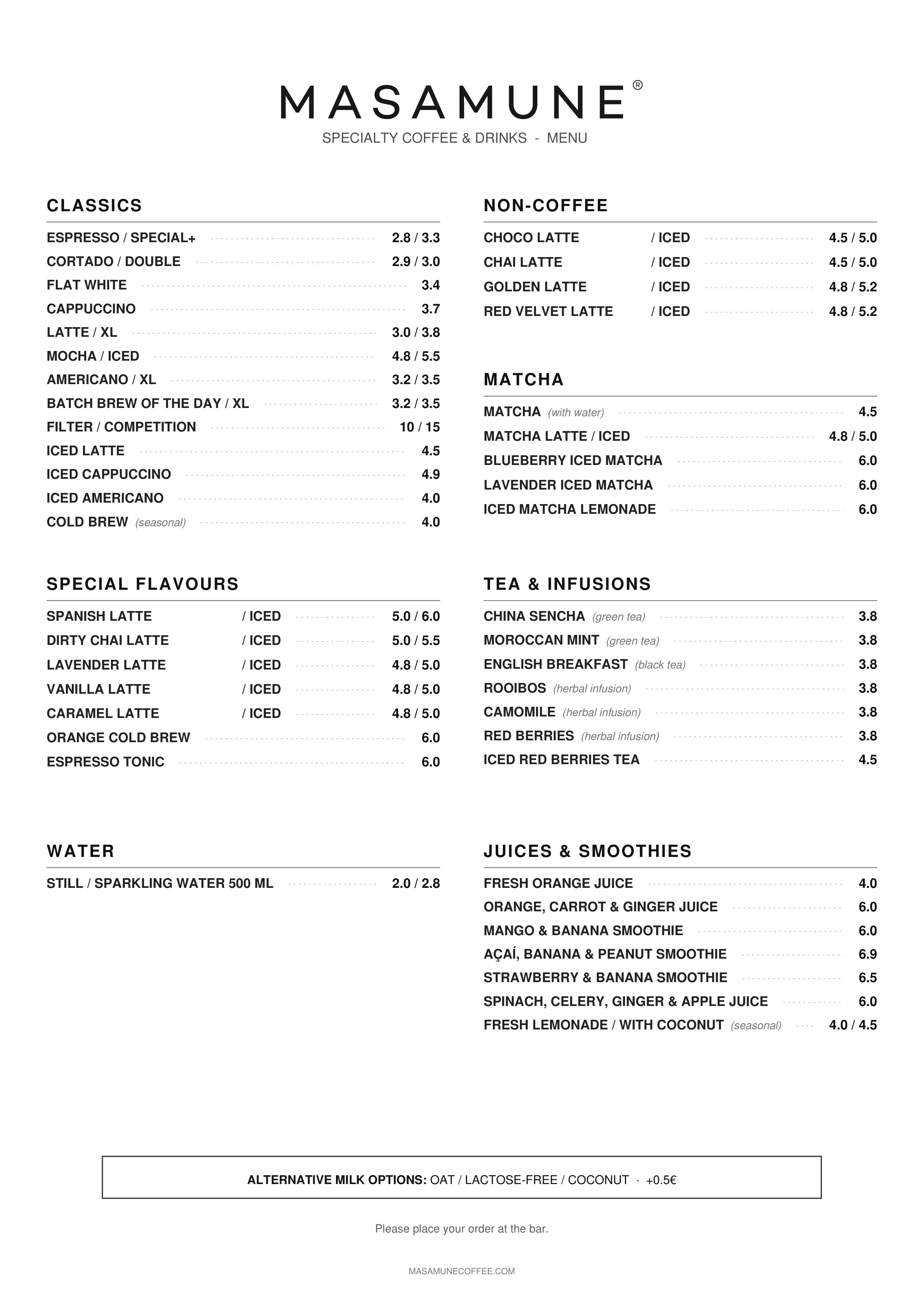 Menú de bebidas de Masamune con espresso, cappuccino, matcha, iced drinks, tés, zumos y smoothies.