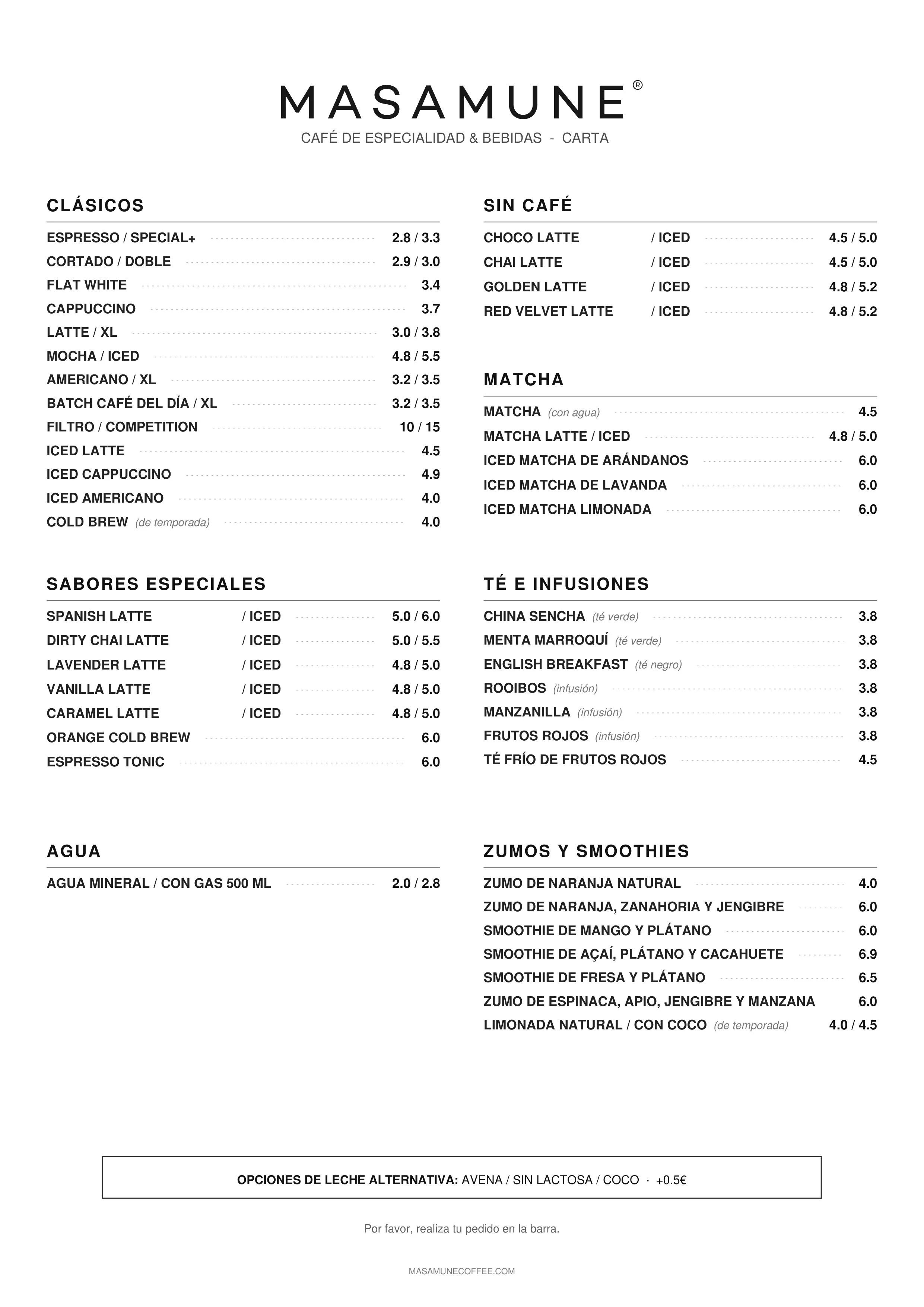 Carta de bebidas de Masamune con café de especialidad, matcha, tés, zumos y smoothies en Madrid.