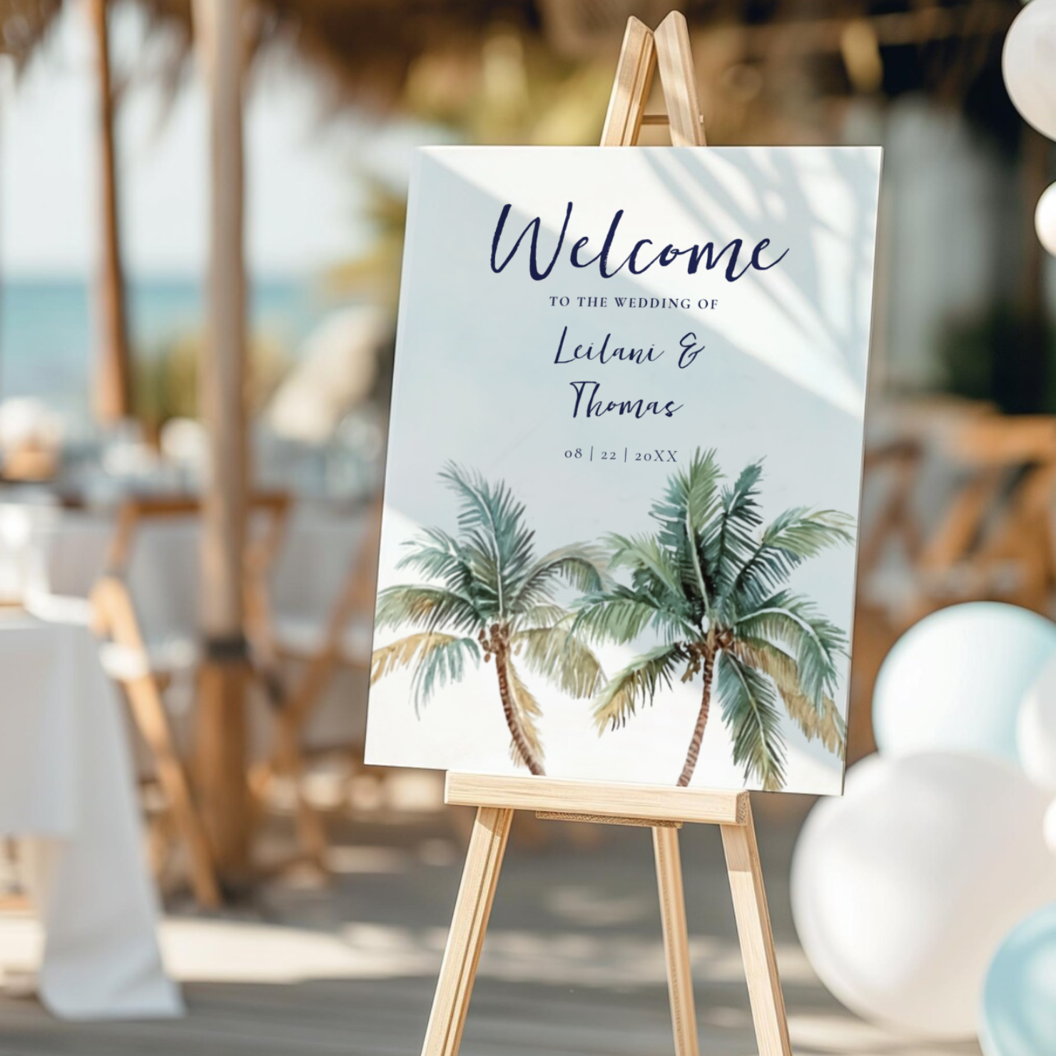Welcome your guests to your wedding with this tropical foam board poster sign featuring watercolor palm trees with a soft sky background. Perfect for beach, coastal, and tropical destination weddings.