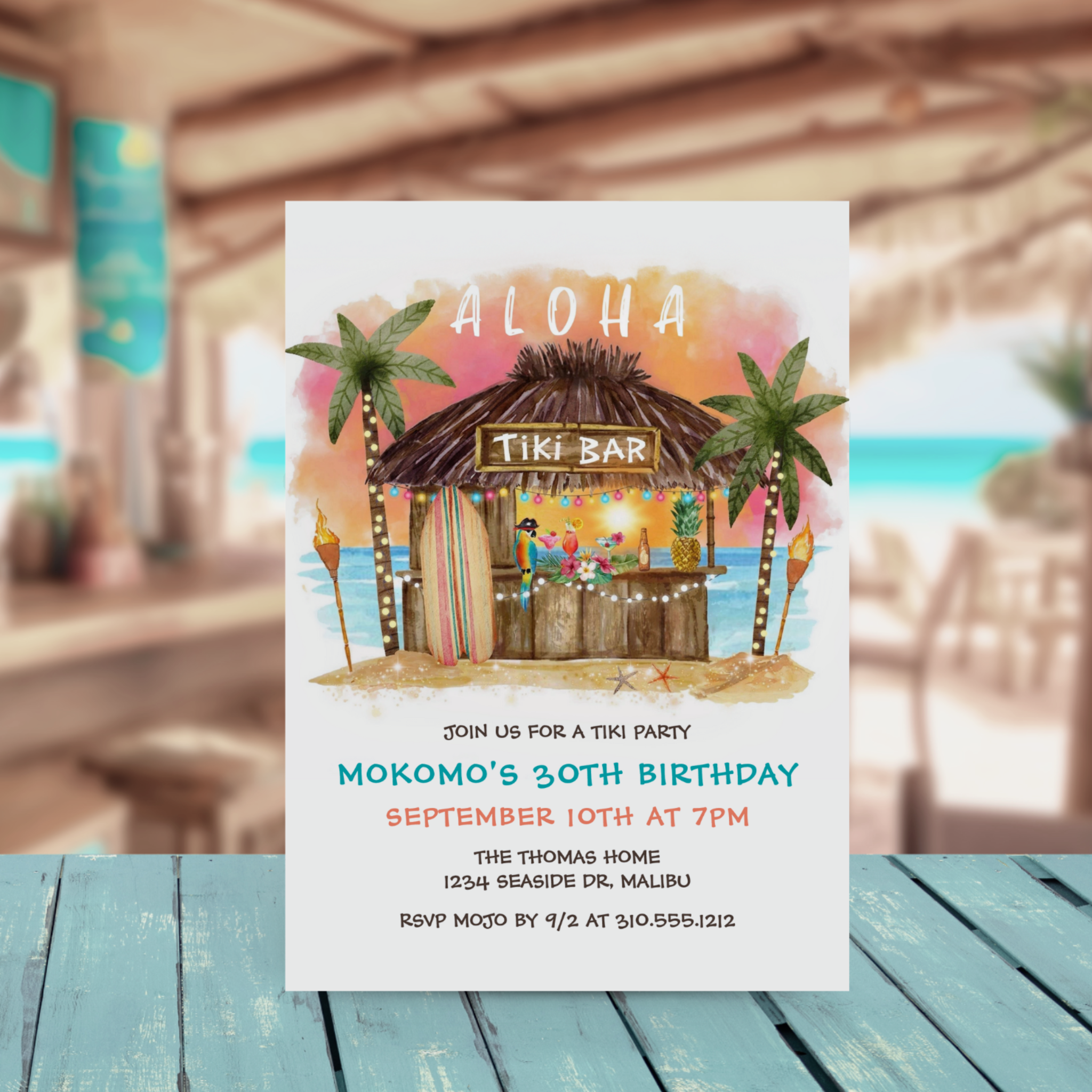 Tiki party adult birthday invitation featuring a watercolor tiki bar on the beach, tropical cocktails, palm trees, surfboard and ocean sunset background.