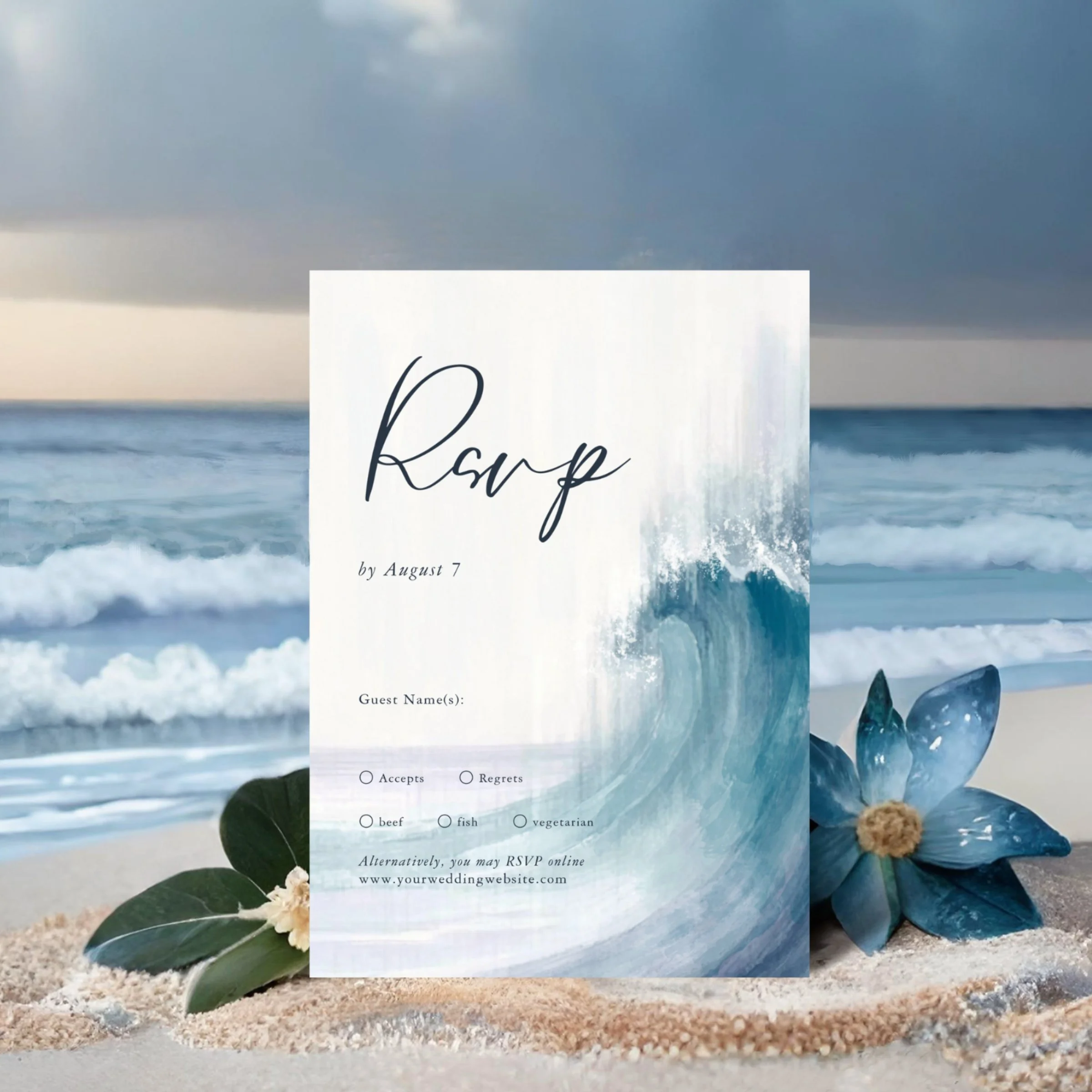 Inform your guests-to-be of your requested response date with this SEATURNAL nautical wedding RSVP card. Featuring abstract watercolor ocean waves in coastal blue and turquoise color tones, and a design inspired by the pairing of love everlasting wit