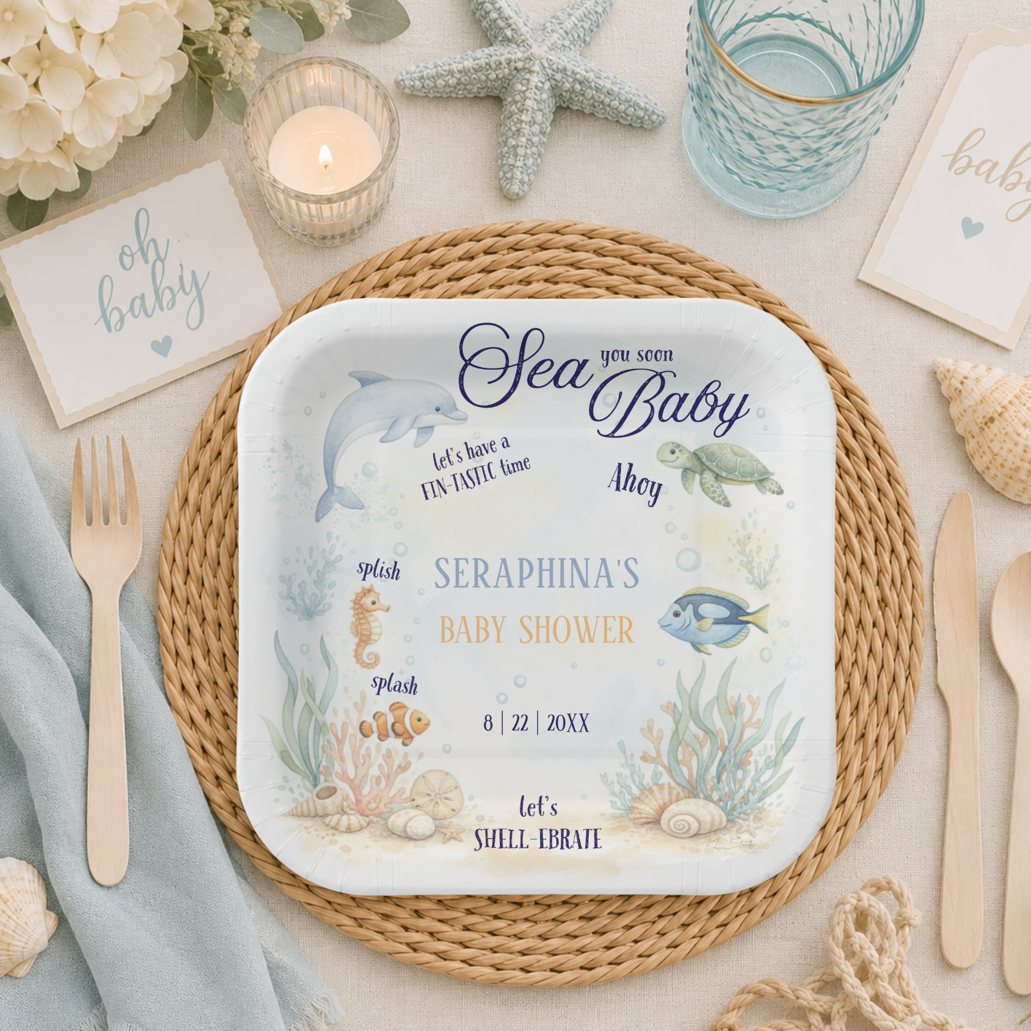 Adorable Sea You Soon Baby shower paper plates featuring watercolor ocean animals in a tropical reef. The pastel coastal colors are gender neutral and perfect for beach, nautical and under the sea theme celebrations.