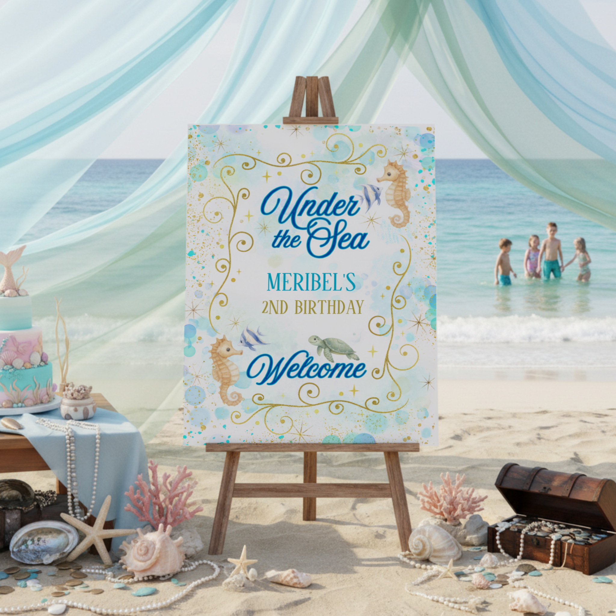 Dreamy watercolor Under the Sea birthday welcome sign featuring seahorse, tropical fish, and sea turtle artwork in teal, sea foam, and cobalt tones. Accented with floating bubbles, whimsical swirly flourishes and gold star details, this coastal desig