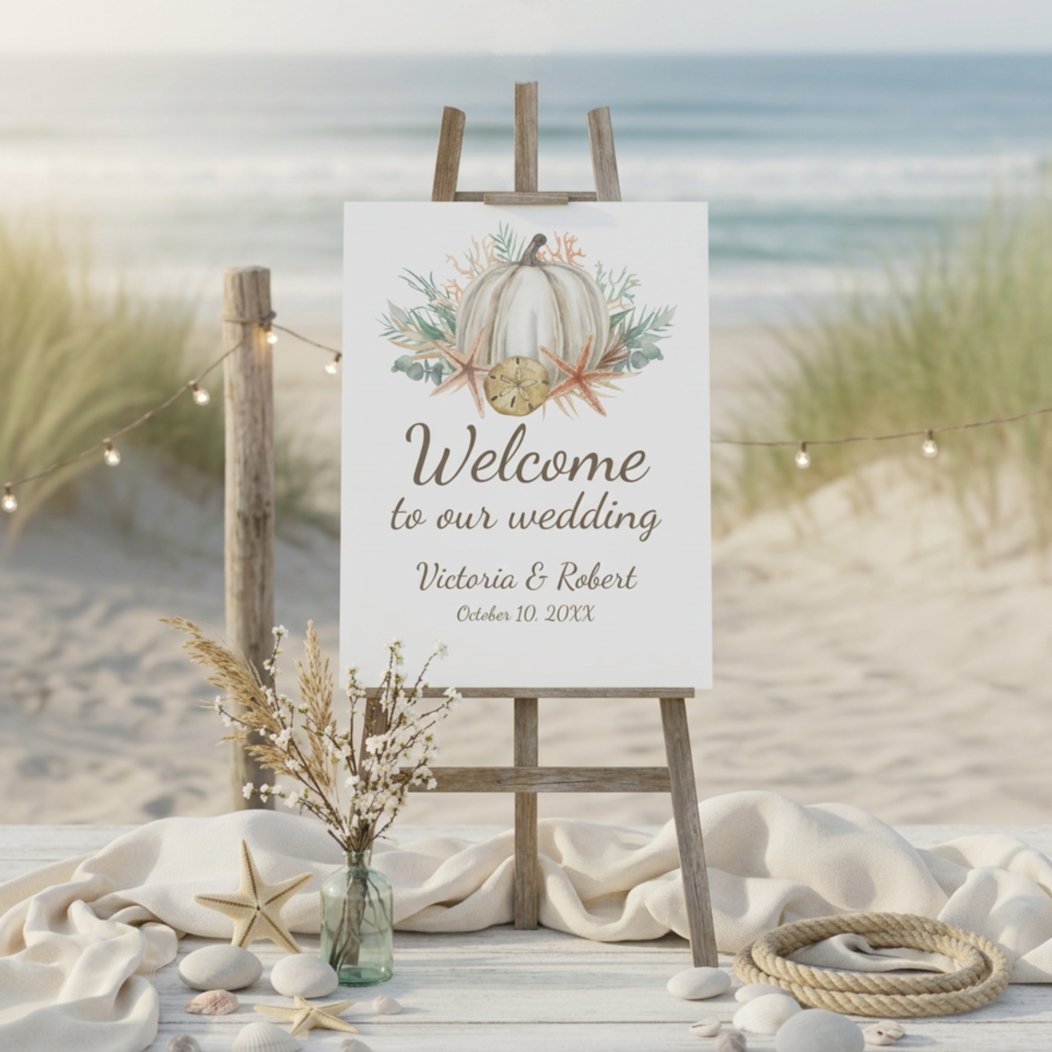 Coastal fall wedding welcome sign featuring watercolor white pumpkin, seashells, starfish, palm and eucalyptus greenery. Perfect for autumn beach weddings and seaside destination weddings