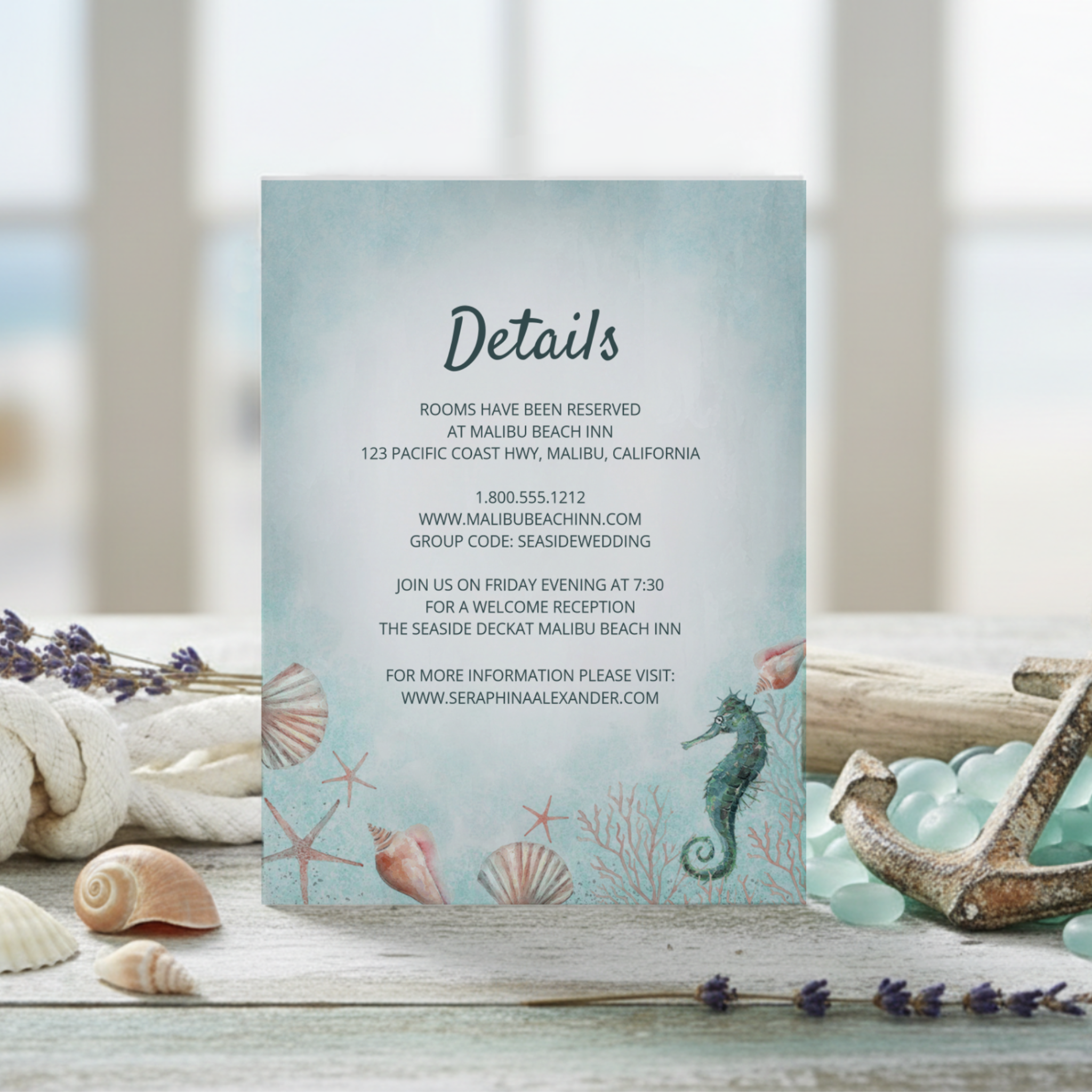 Beach theme wedding details card featuring   a seahorse, seashells, and coral on a weathered ocean blue background. Perfect for beach, nautical, tropical, coastal and "Under the Sea" themes.