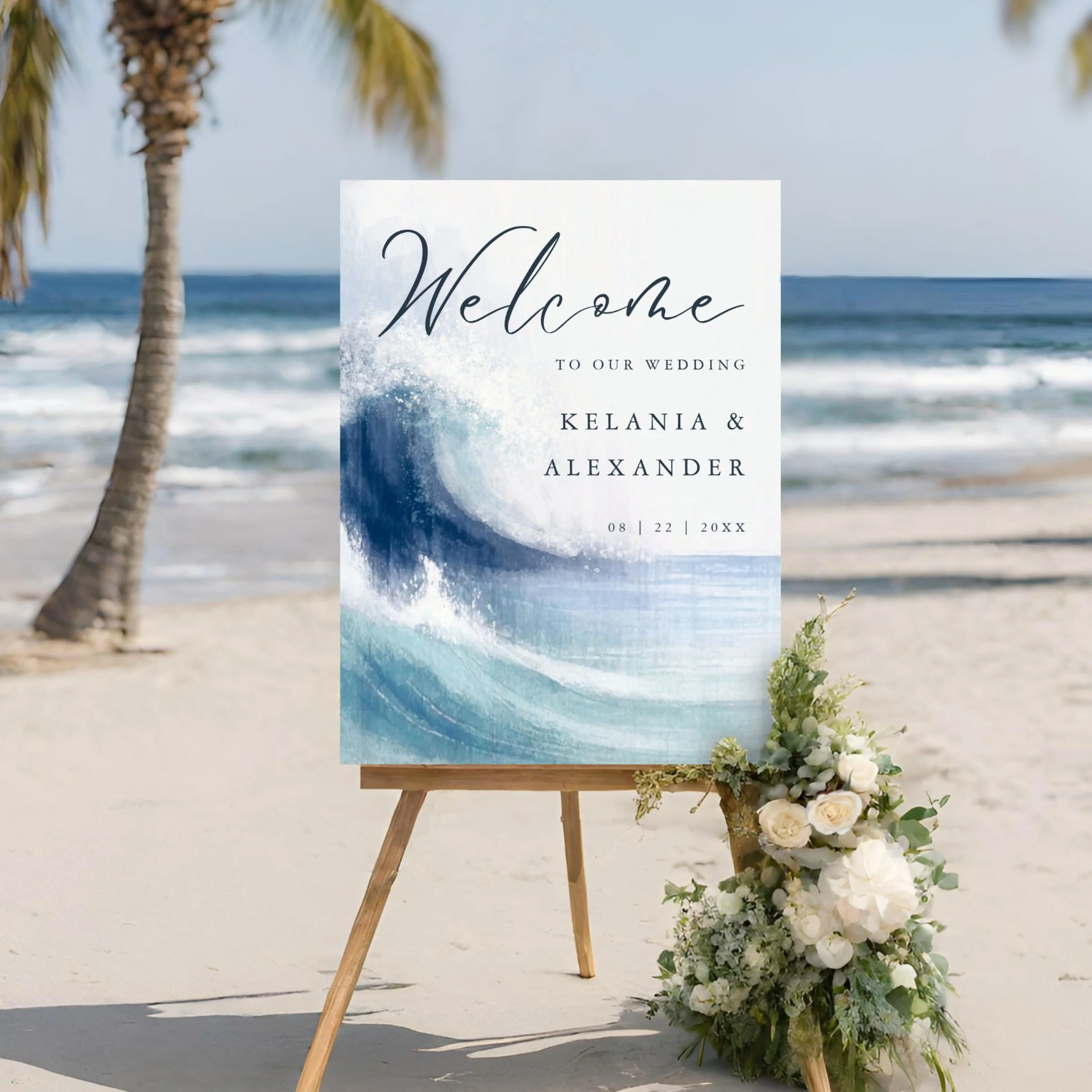 An elegant and enchanting welcome sign to display at the entrance of your beach or nautical themed wedding or reception, this design features watercolor ocean waves in coastal shades of blue and turquoise. Perfect for seaside ceremonies.