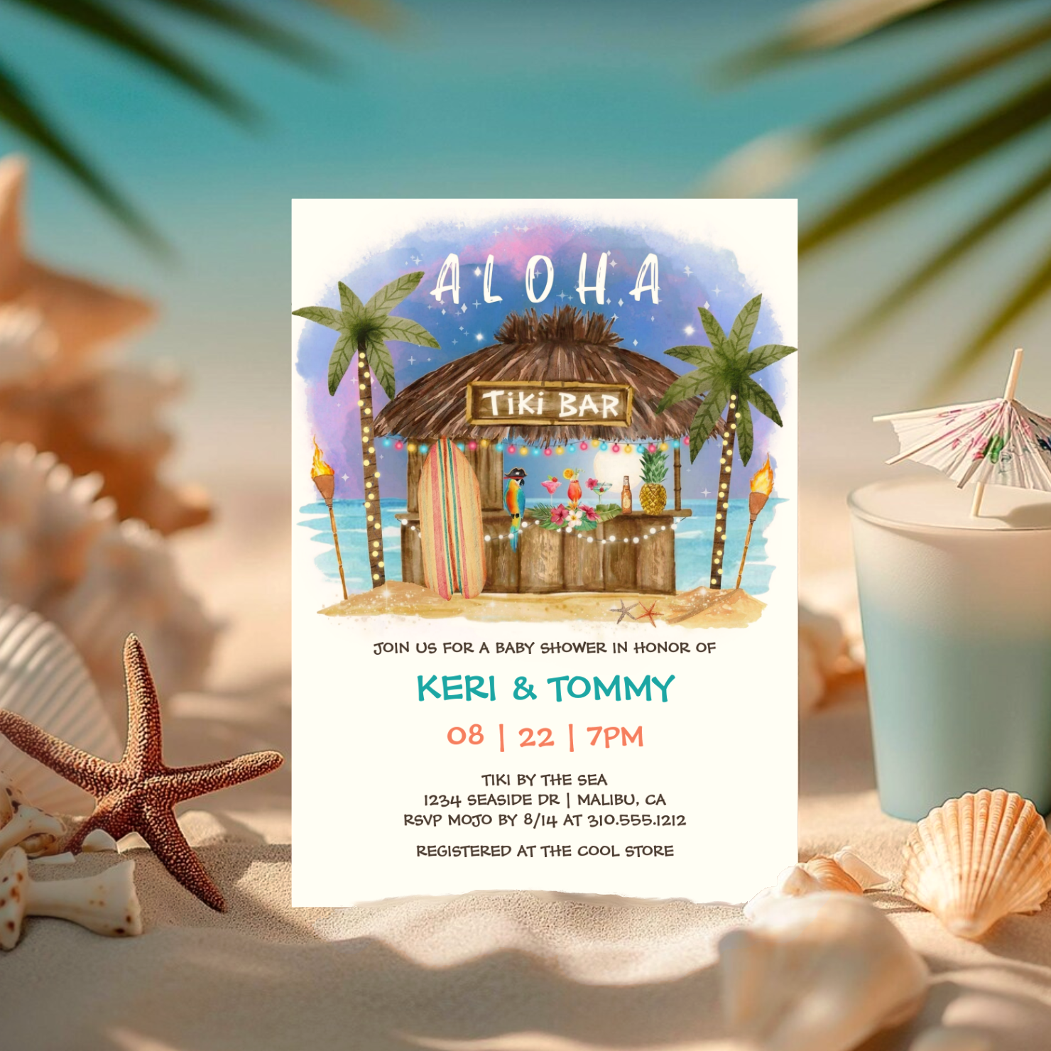 Say aloha to a fun, beach-y baby shower and set the tone for a breezy, tropical celebration with this Tiki Beach Bar invitation featuring a tiki bar by the sea, palm trees, cocktails, moon, stars and island charm. 