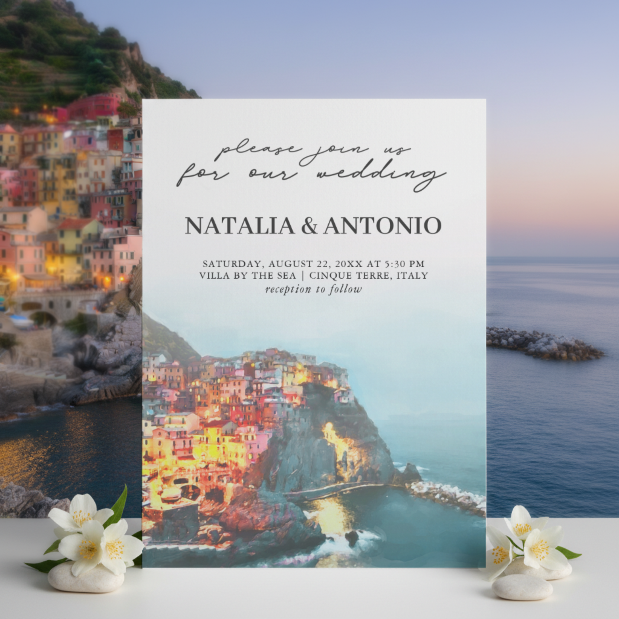 Set the tone for a romantic Italian seaside celebration with this Cinque Terre wedding invitation, featuring a hand-painted watercolor scene of the iconic cliffside villages glowing at twilight. Perfect for Italian Riviera destination weddings and co