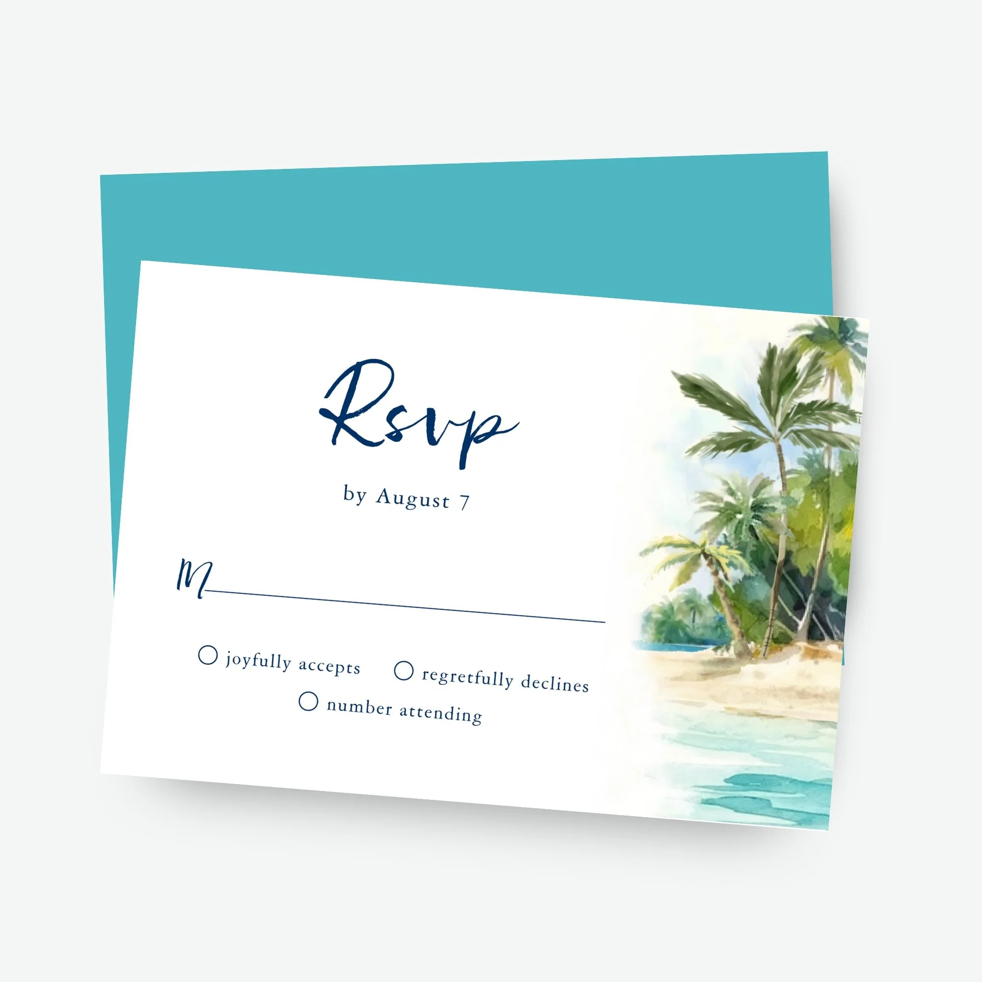 Tropical theme wedding RSVP enclosure card features a watercolor paradise with palm trees and island greenery, golden sand and tranquil turquoise water, perfect for beach themed and destination weddings.