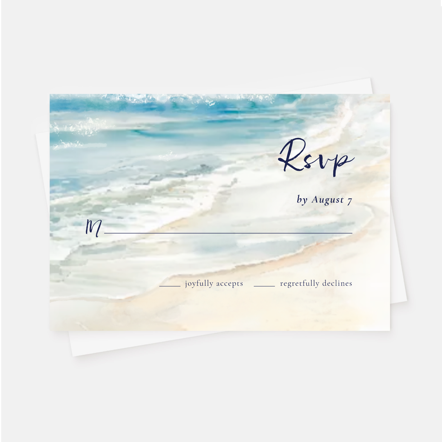 Let your guests know your requested reply by date with this watercolor wedding RSVP response card featuring flowing ocean waves and sandy shore. The lettering is in a deep nautical navy blue, with handwriting script accents and a palm tree couple's m