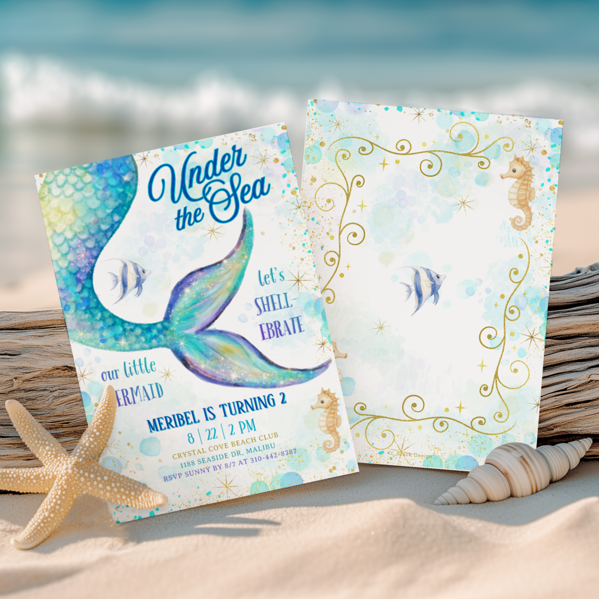 Whimsical mermaid birthday invitation featuring a watercolor mermaid tail, ocean bubbles, and coastal teal and purple hues. Perfect for under the sea parties, summer pool celebrations, and customizable kids’ birthdays.