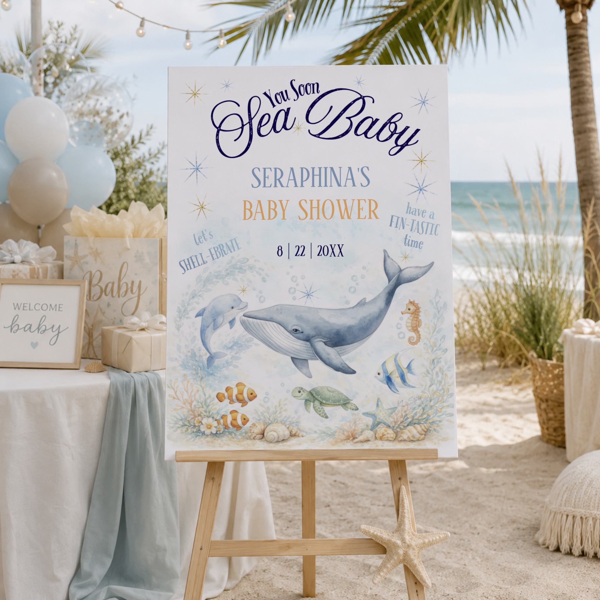Sea You Soon Baby shower welome sign featuring an adorable whale and ocean friends in a tropical reef. Ideal for nautical, coastal, beach and under the sea themed celebrations.