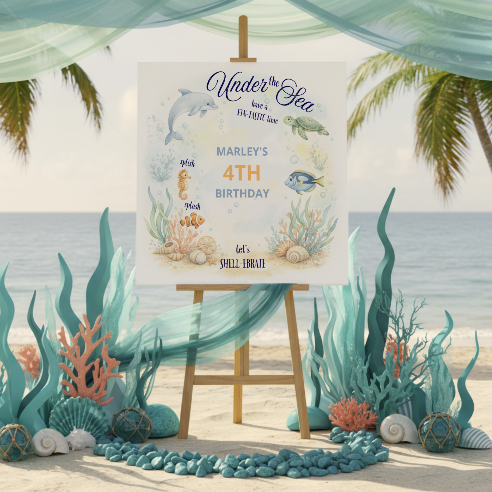 Cheerful Under the Sea birthday welcome sign featuring a playful watercolor coral reef scene with a dolphin, sea turtle, seahorse, and tropical fish in soft turquoise and sea-foam hues. Fun ocean puns like “FIN-TASTIC time,” “splish splash,” and “let