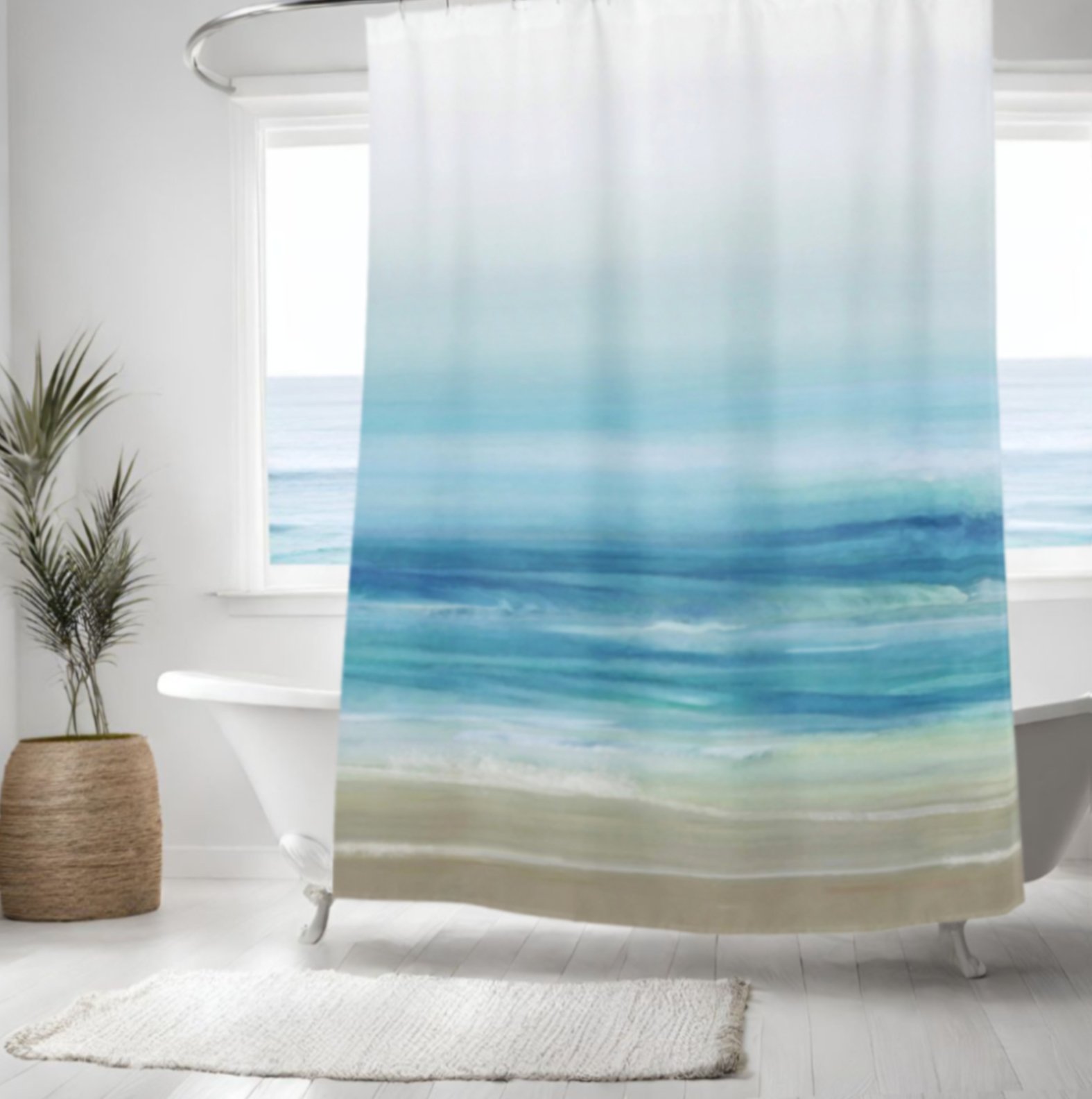 Create a serene spa ambiance in your bath with this beautiful shower curtain featuring watercolor ocean waves in coastal blue and beige colors. Perfect for a beach house and nautical decor themes.