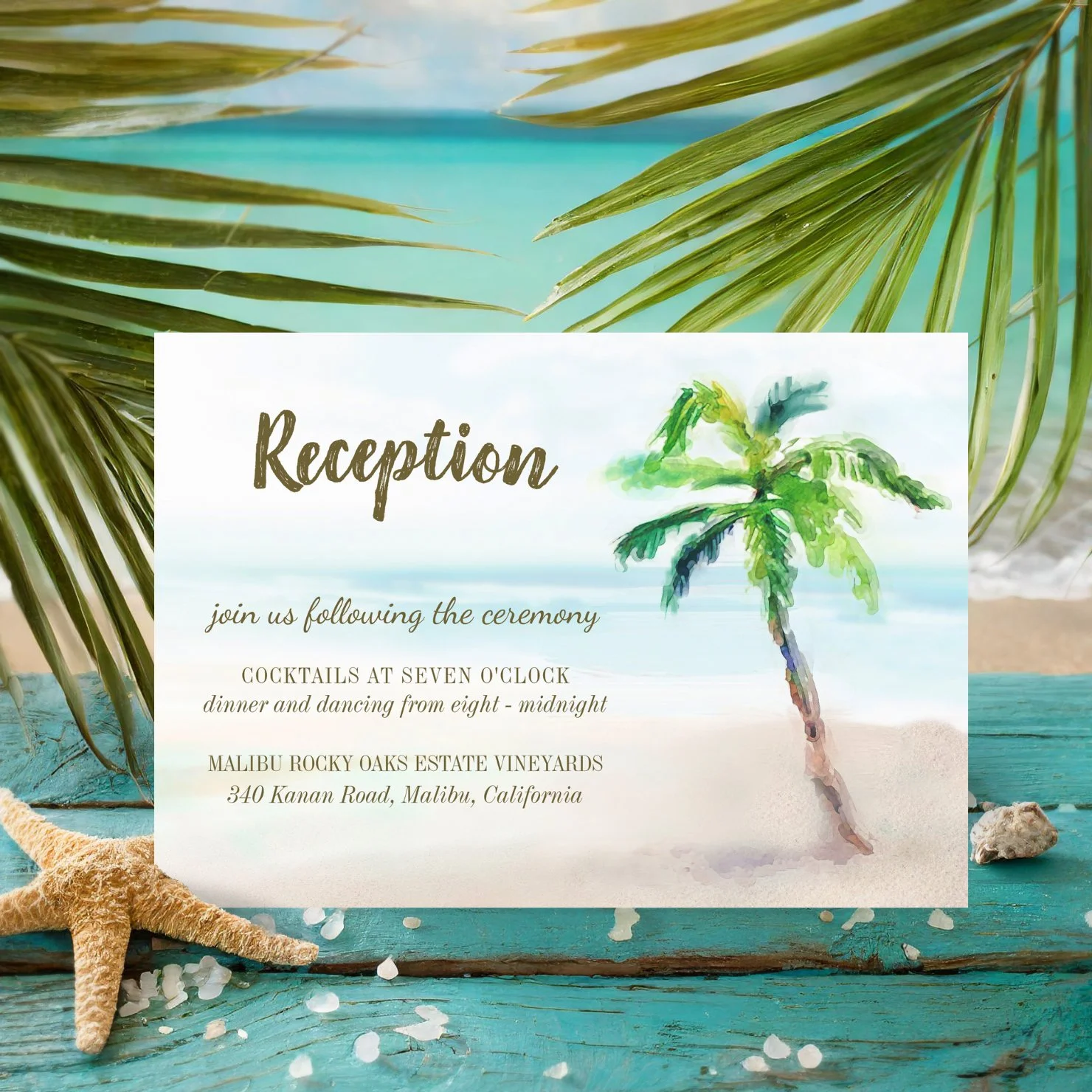 Wedding reception enclosure card featuring a watercolor palm tree on a sandy beach with soft ocean waves. Perfect for coastal or tropical destination weddings.