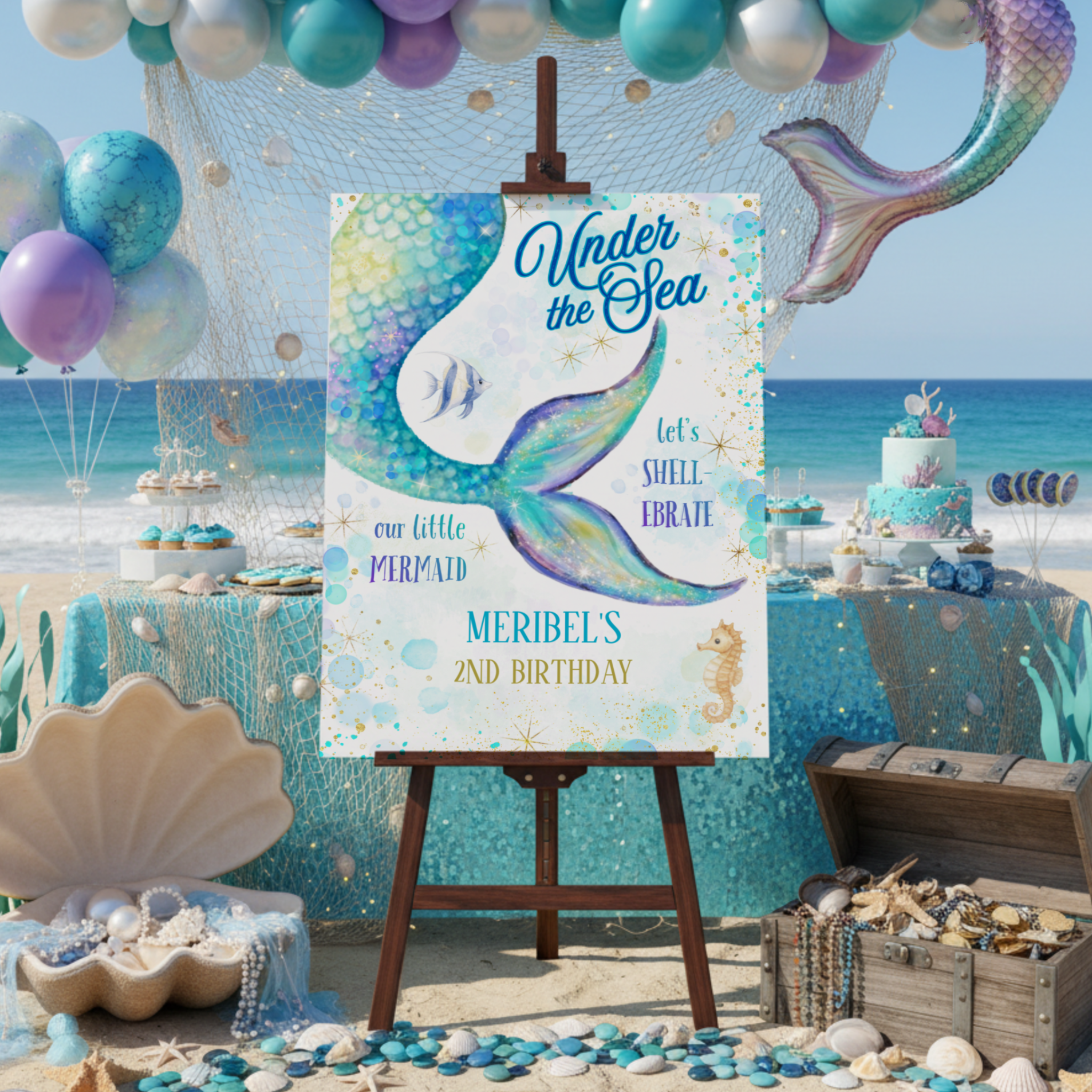 Dreamy Mermaid Under the Sea birthday welcome sign featuring a watercolor mermaid tail in soft ocean blues, turquoise, and purple with tropical fish and seahorse accents. This whimsical coastal design sets a magical tone for beach birthdays, under-th