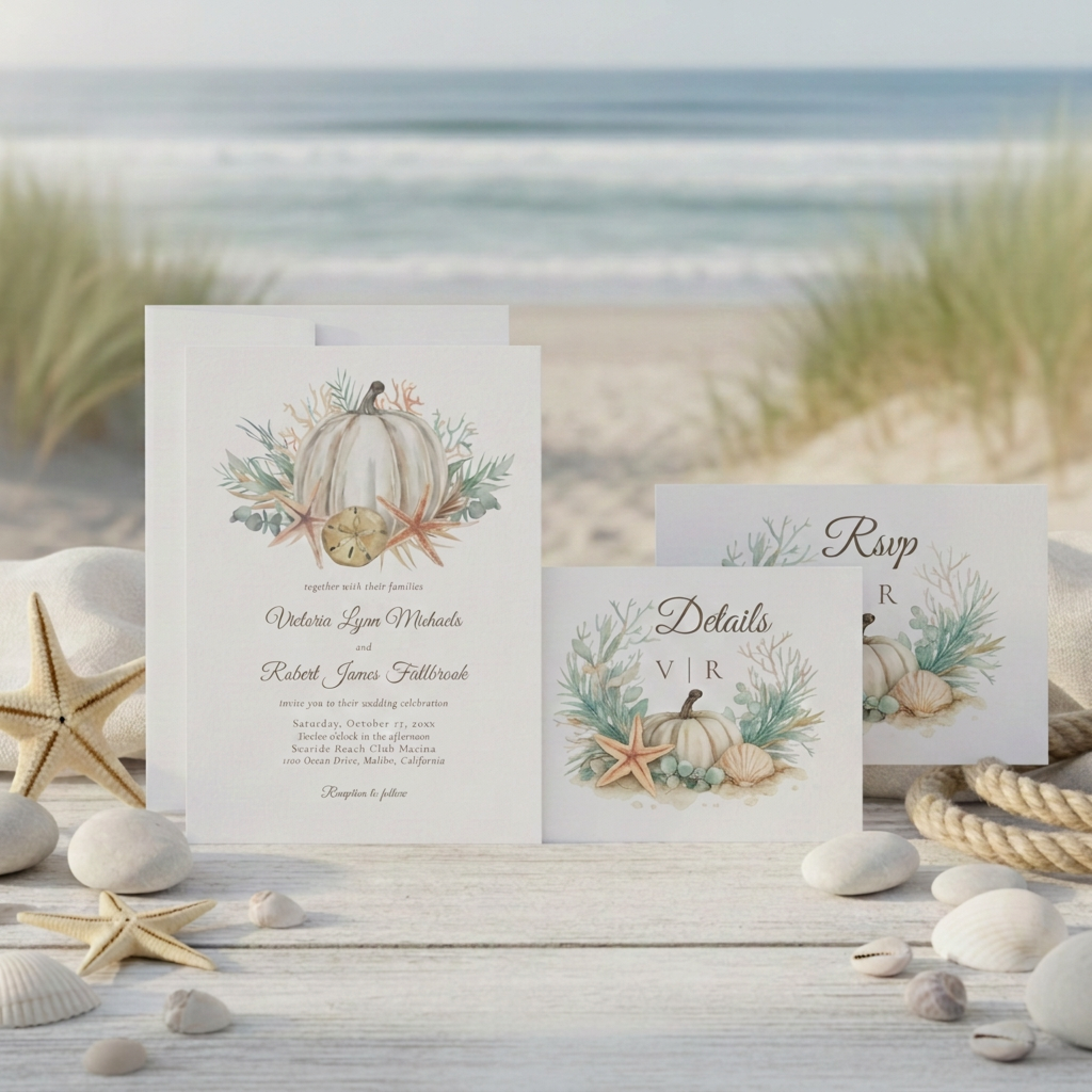 Coastal fall wedding stationery featuring watercolor white pumpkins, seashells, starfish, palm leaves and coral