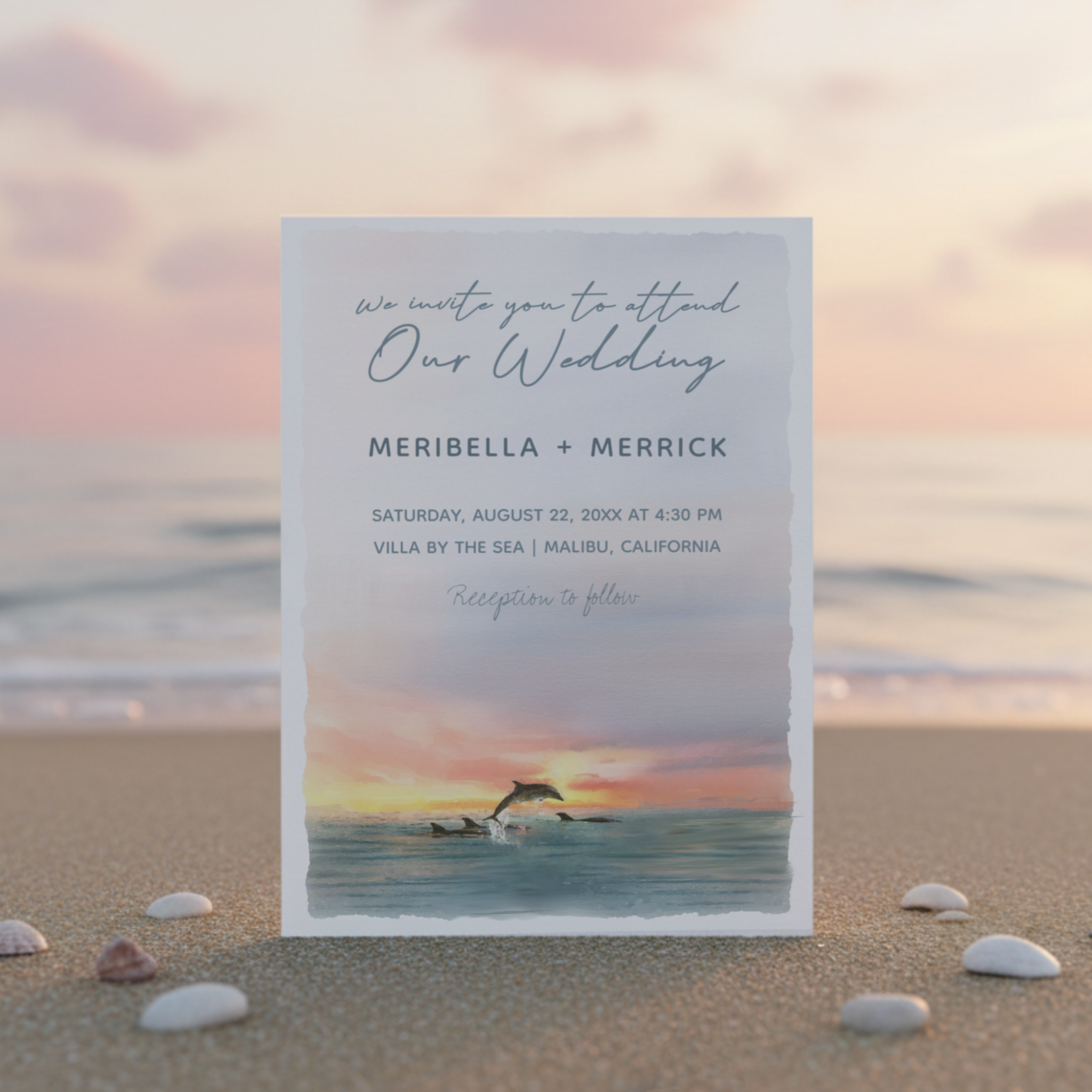 Capture the magic of a Malibu sunset with this romantic beach wedding invitation featuring graceful dolphins leaping into the sunset. Painted in soft watercolor tones, this design blends coastal elegance with a sense of seaside charm.