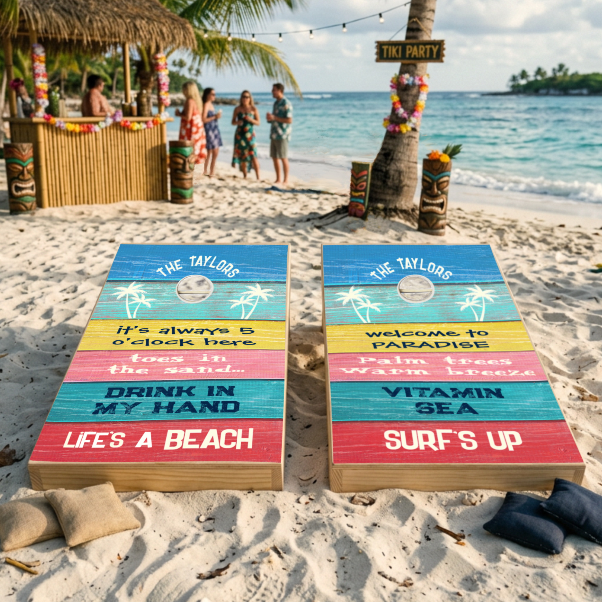 Personalized Tropical Beach Directional Sign Cornhole Game