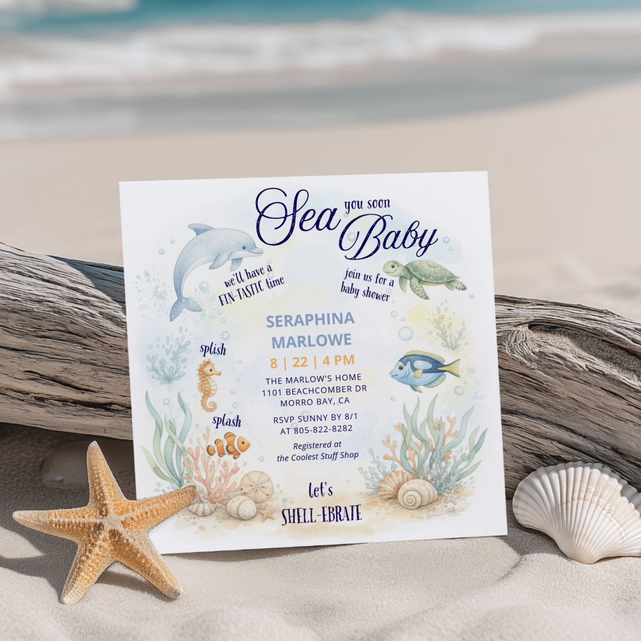 Sea You Soon Baby shower square invitation featuring watercolor ocean animals swimming in a tropical coral reef. Perfect for beach, nautical and under the sea theme baby showers.