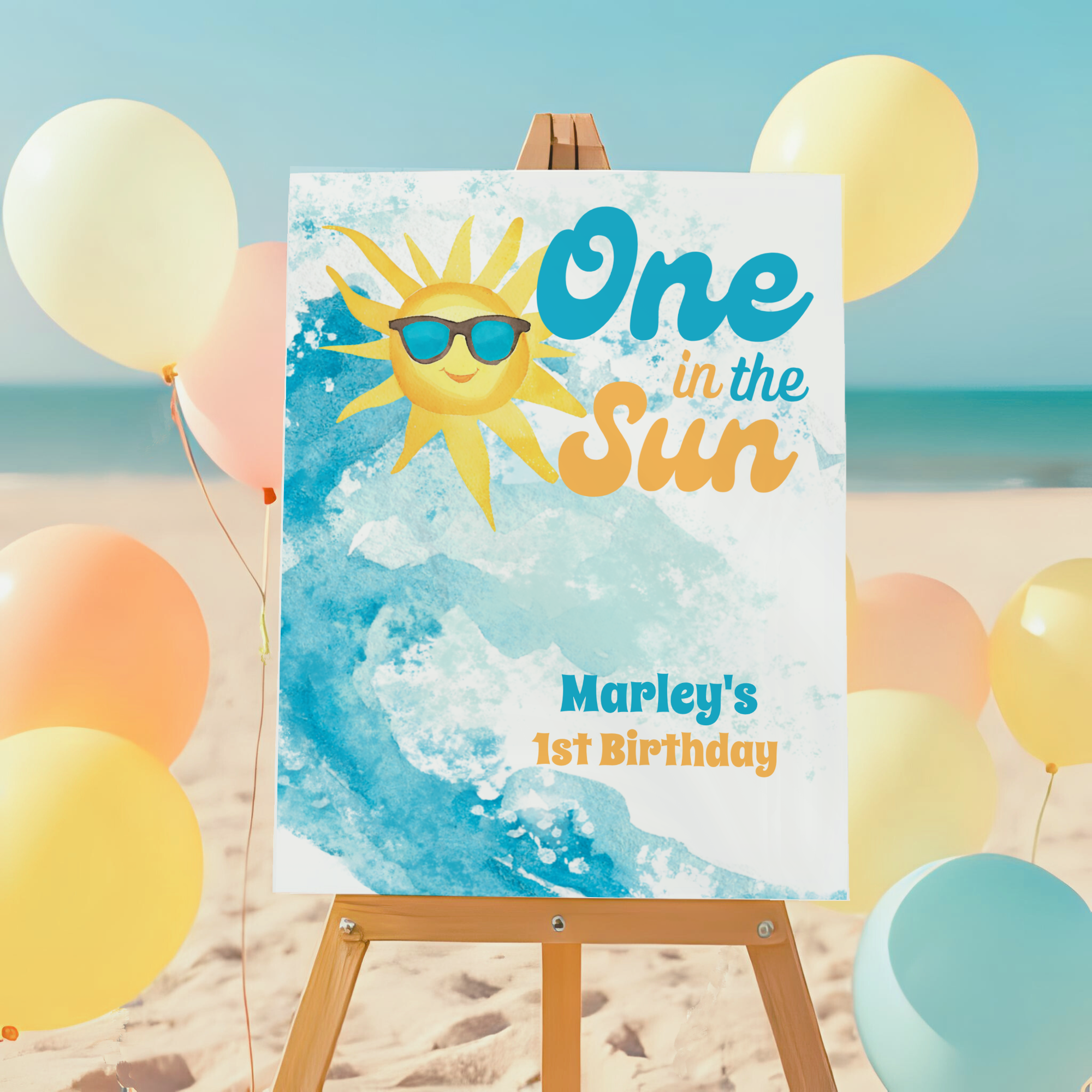 One in the Sun baby's 1st birthday welcome sign featuring a cheerful sunshine, big ocean wave and retro typography in turquoise and orange. Perfect for kid's summer birthday and pool parties with coastal themes