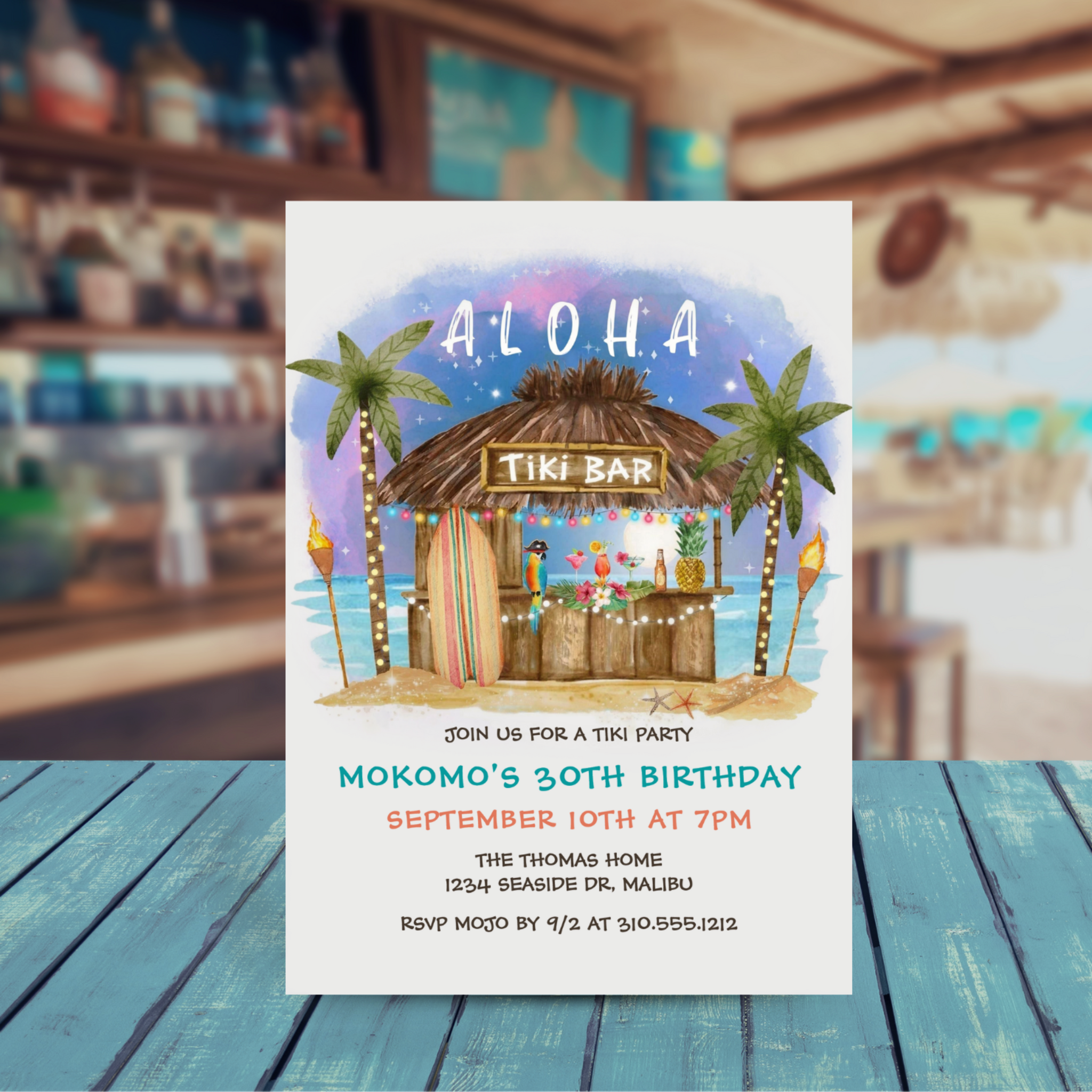 Tiki Party adult birthday invitation featuring a watercolor tiki bar on the beach with tropical drinks, palm trees, tiki torches and surfboard with an ocean and moonlight starry sky background.
