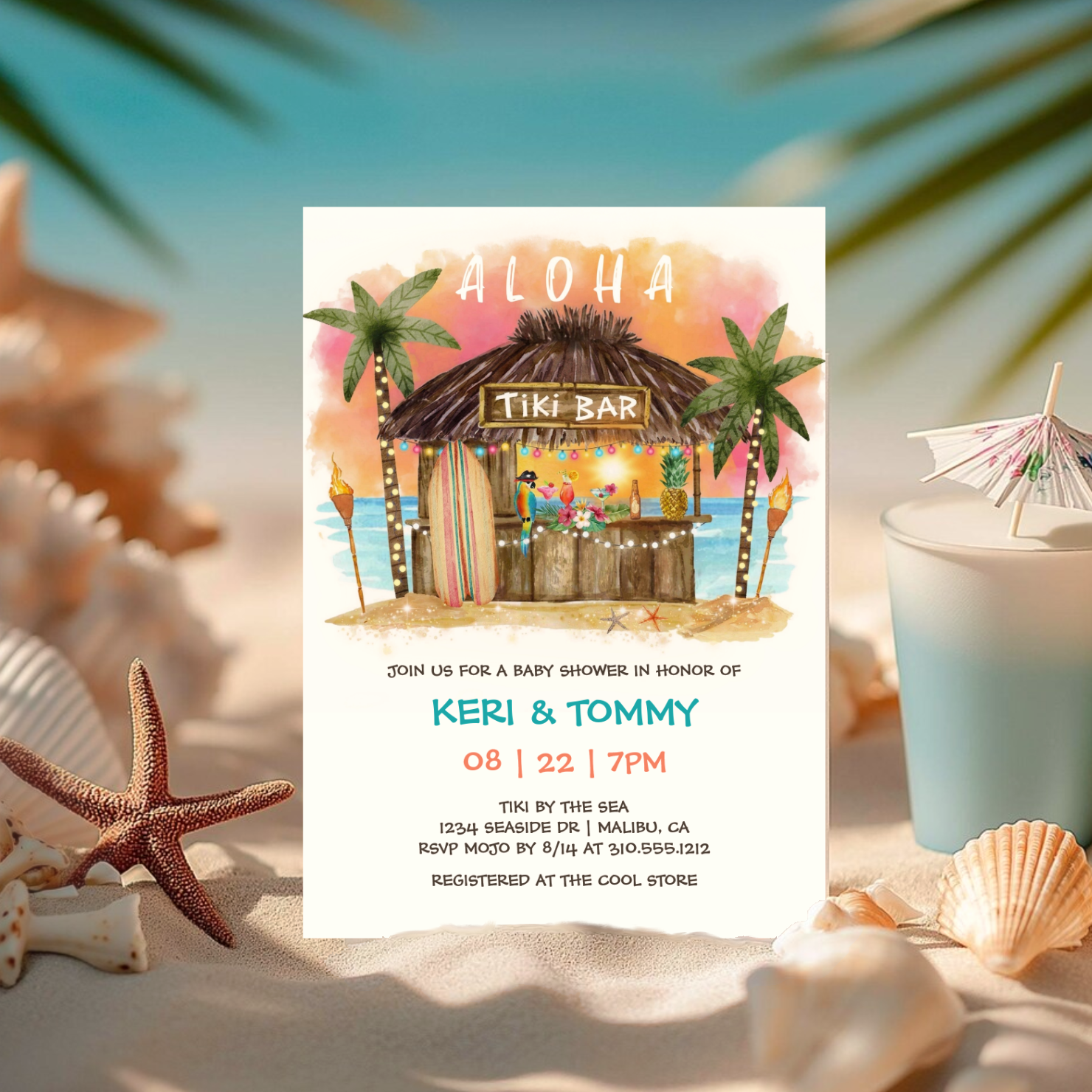 Say aloha to a fun, beach-y baby shower and set the tone for a breezy, tropical celebration with this Tiki Beach Bar invitation featuring a tiki bar by the sea, palm trees, cocktails, ocean sunset and island charm. 