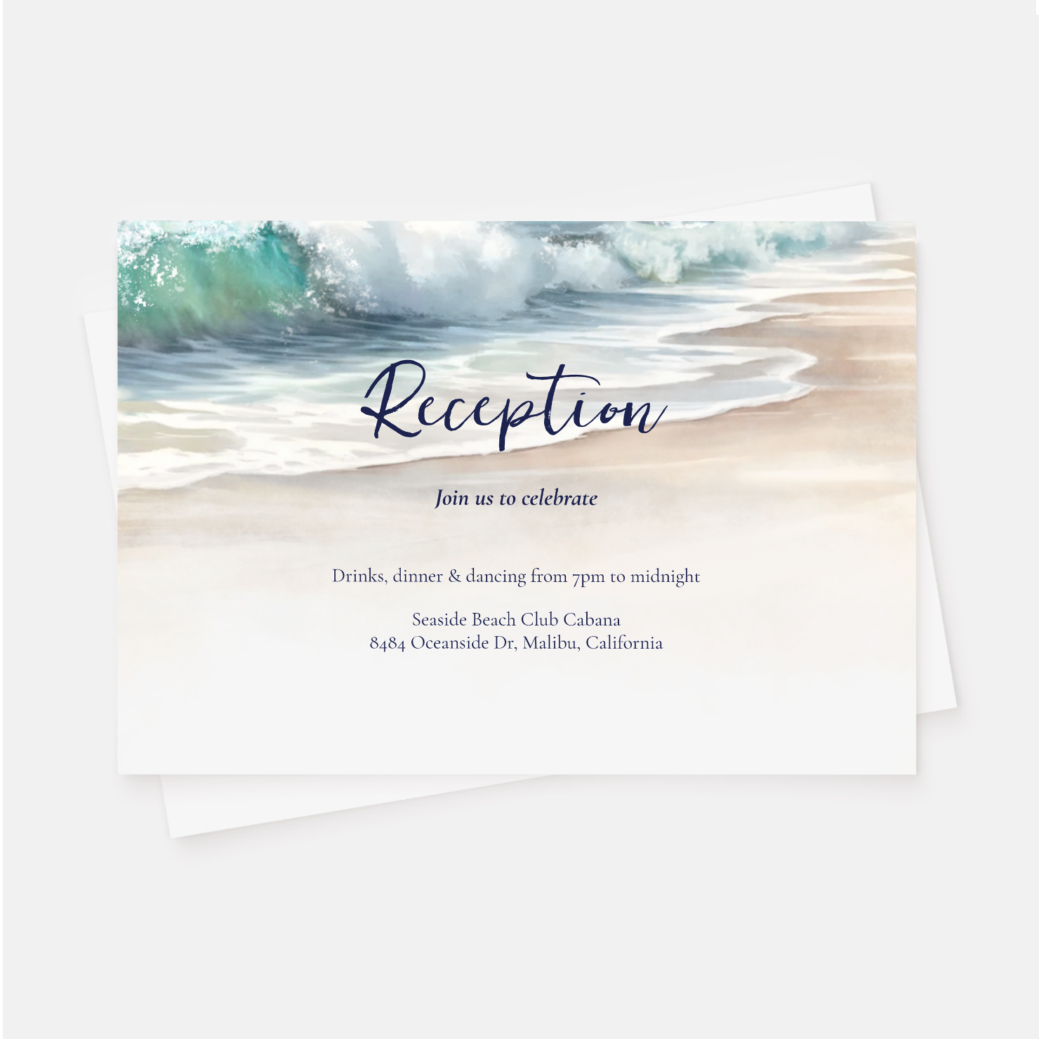 Let your guests know where to celebrate your big day with this wedding reception enclosure card featuring a watercolor ocean wave gently flowing onto a tropical beach. The lettering is in deep navy blue with handwriting script accents, and the revers