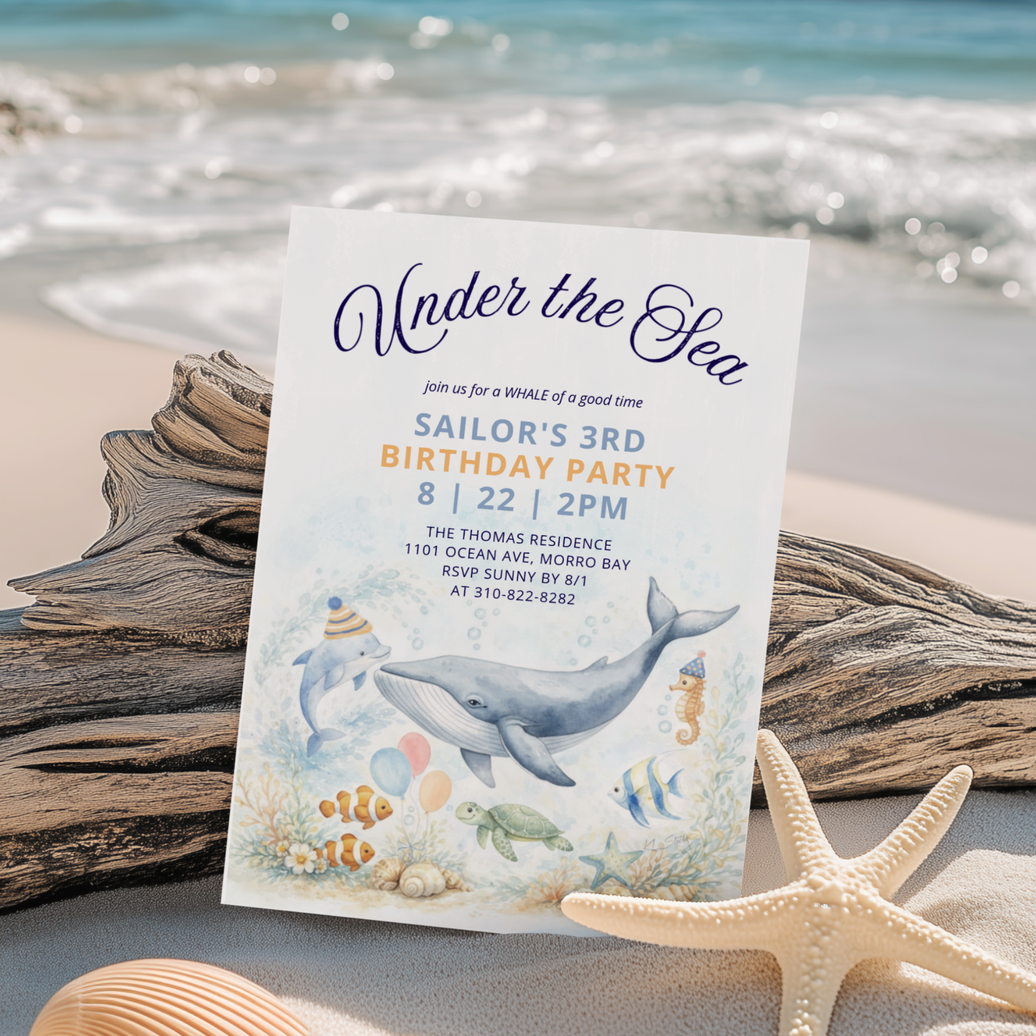 Watercolor Under the Sea birthday invitation featuring a playful Humpback whale and sea life friends in soft coastal hues, and customizable party details. Perfect for ocean-themed kids’ birthdays, beach parties, and summer celebrations.