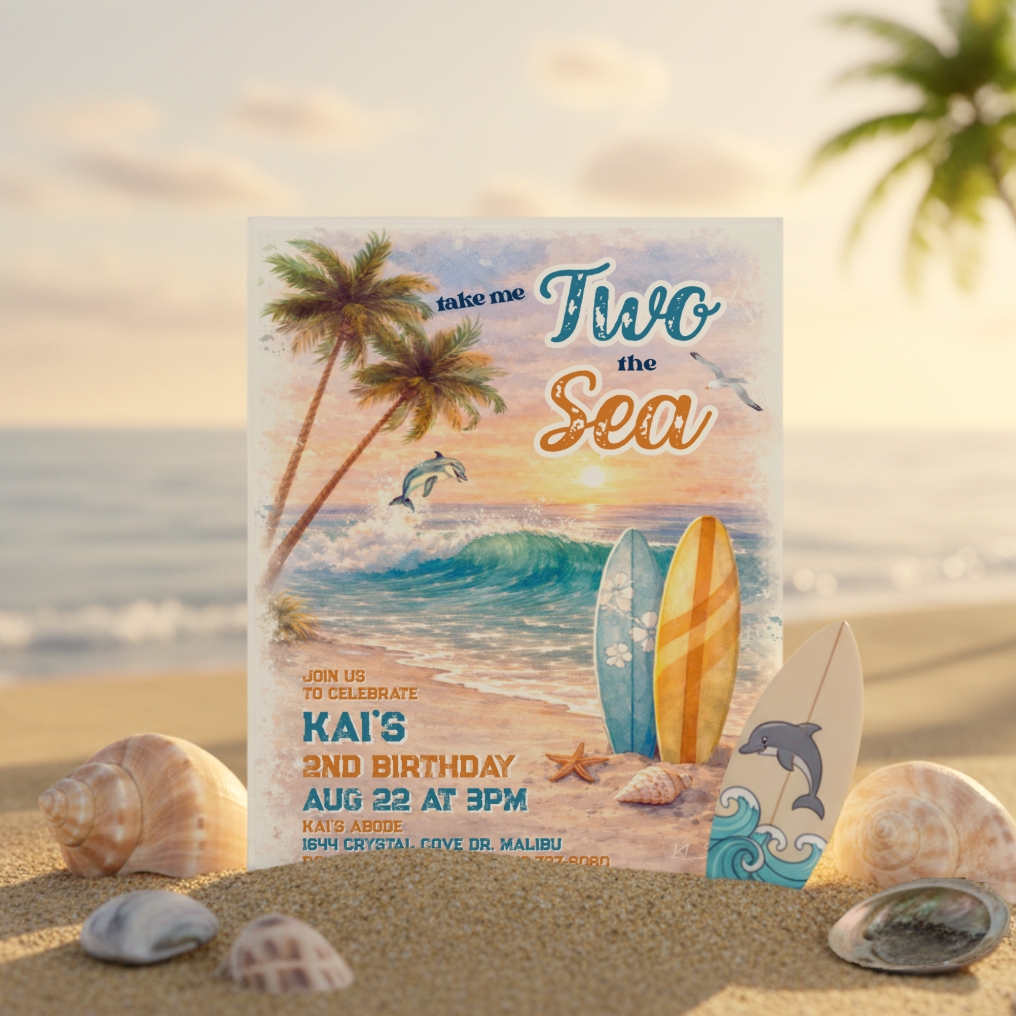 A dreamy ‘Take Me TWO the Sea’ birthday invitation with a watercolor tropical shoreline, ocean waves, and retro coastal tones—perfect for beach-themed celebrations.
