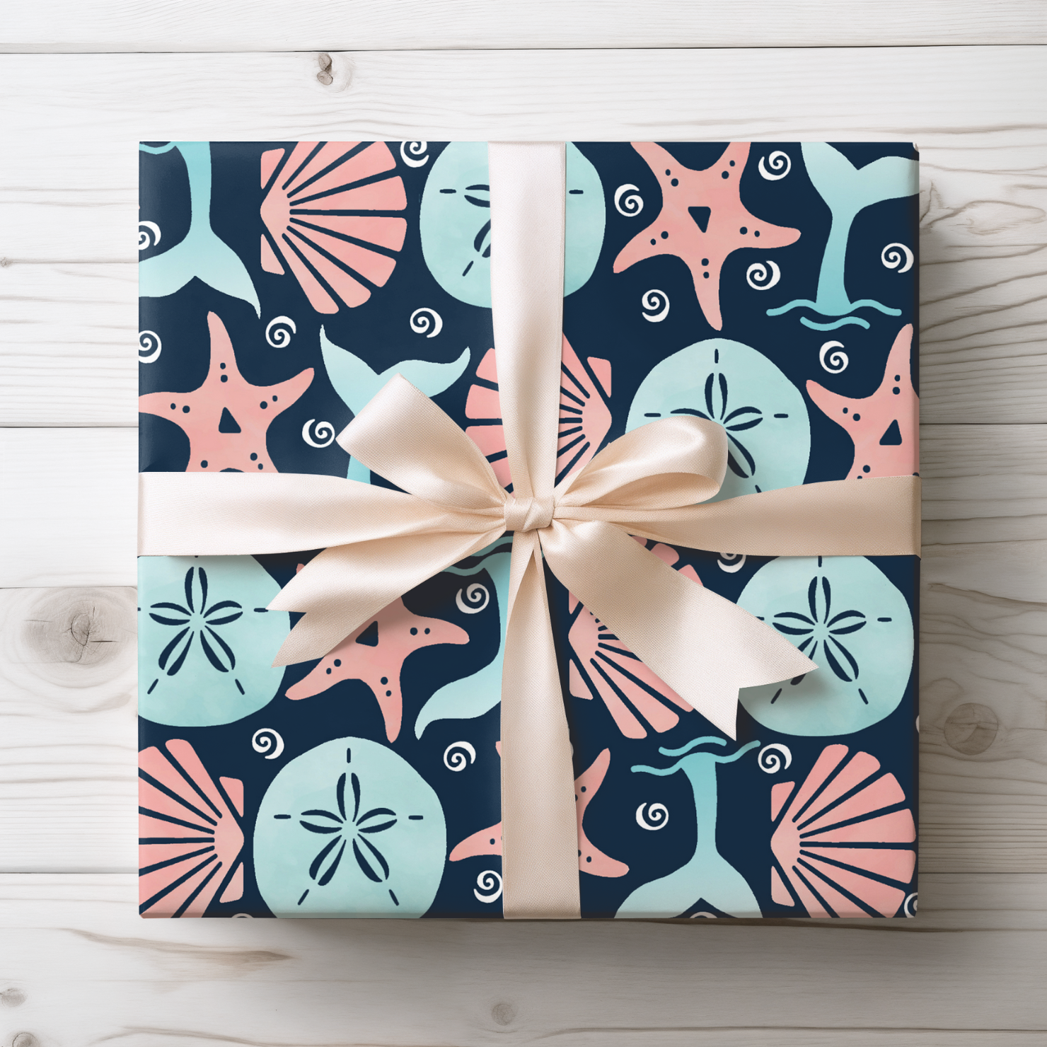 Navy Sheashells & Whale Tail Gift Wrap