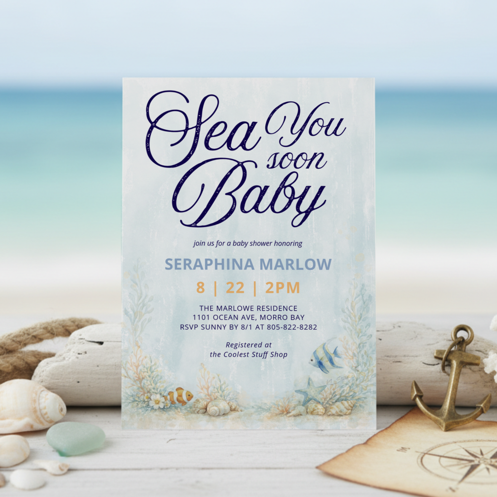Sea You Soon Baby shower invitation featuring a dreamy under the sea coral reef, seashells and cute tropical fish. Perfect for beach, coastal, nautical, and ocean-themed baby showers. 