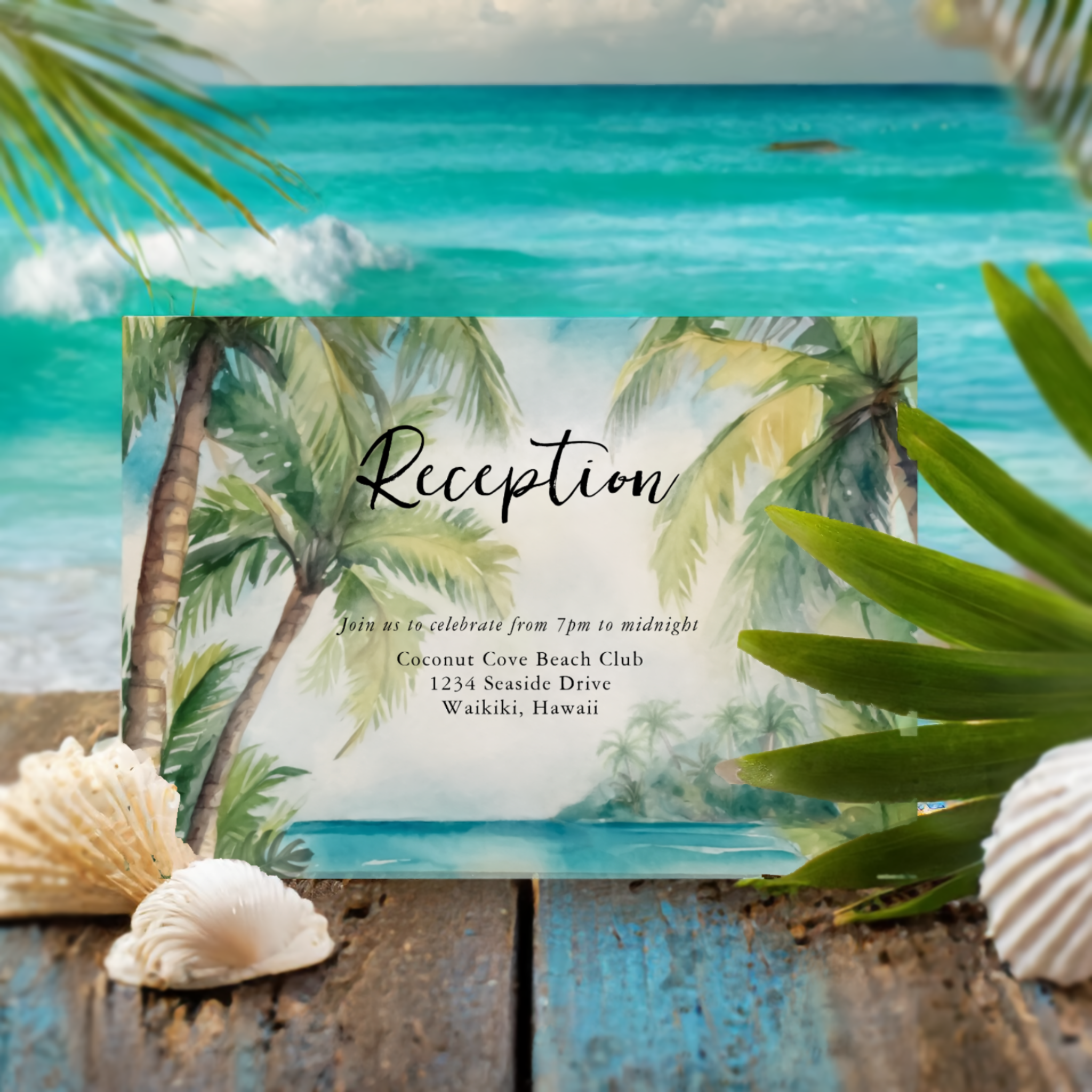 Guide guests with this elegant tropical reception card showcasing palm trees, soft coastal tones, and a relaxed island-wedding aesthetic.