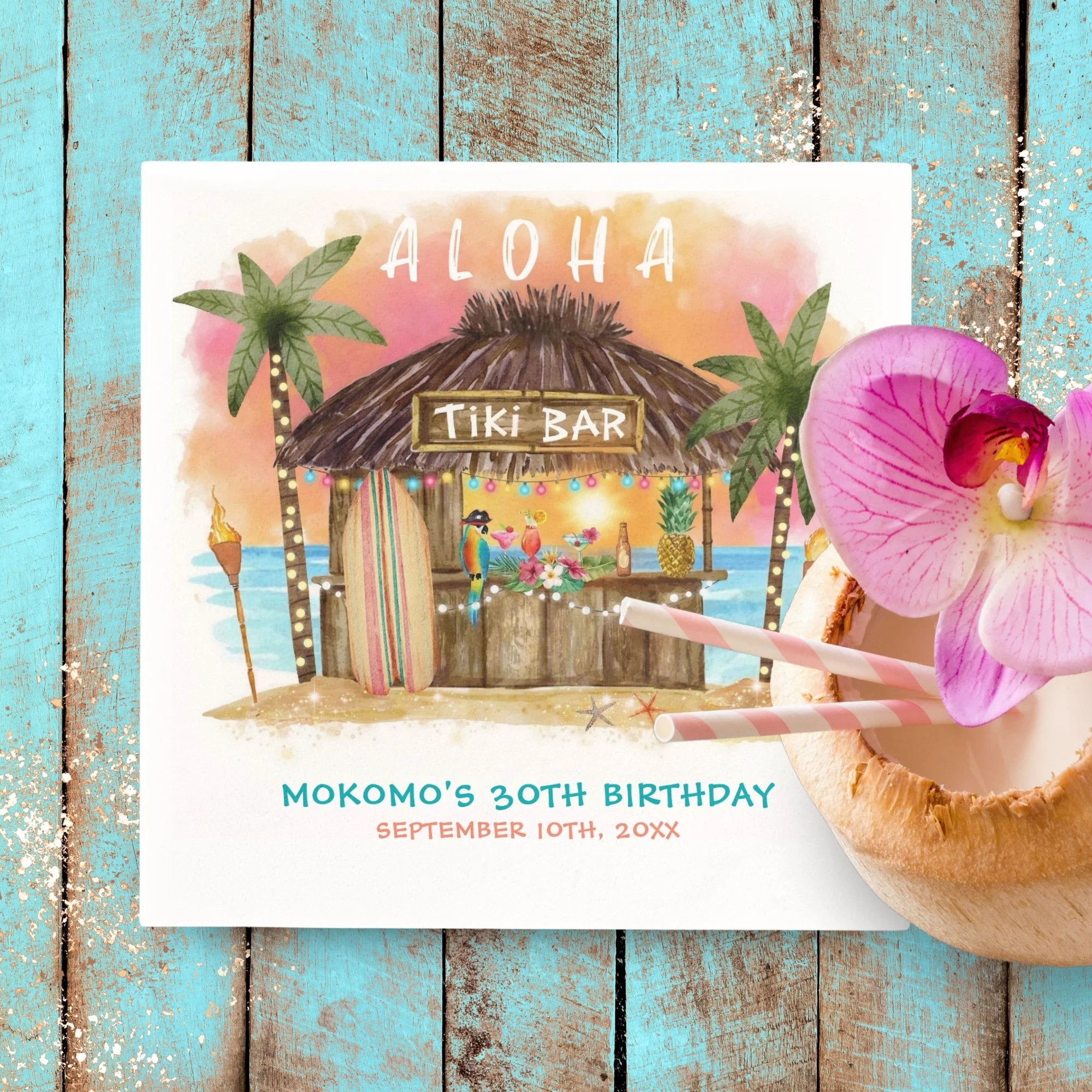 Tiki party birthday napkins feature a watercolor Tiki bar on the beach with palm trees, tropical cocktails, Tiki torches, ocean sunset and a Hawaiian "Aloha" greeting.