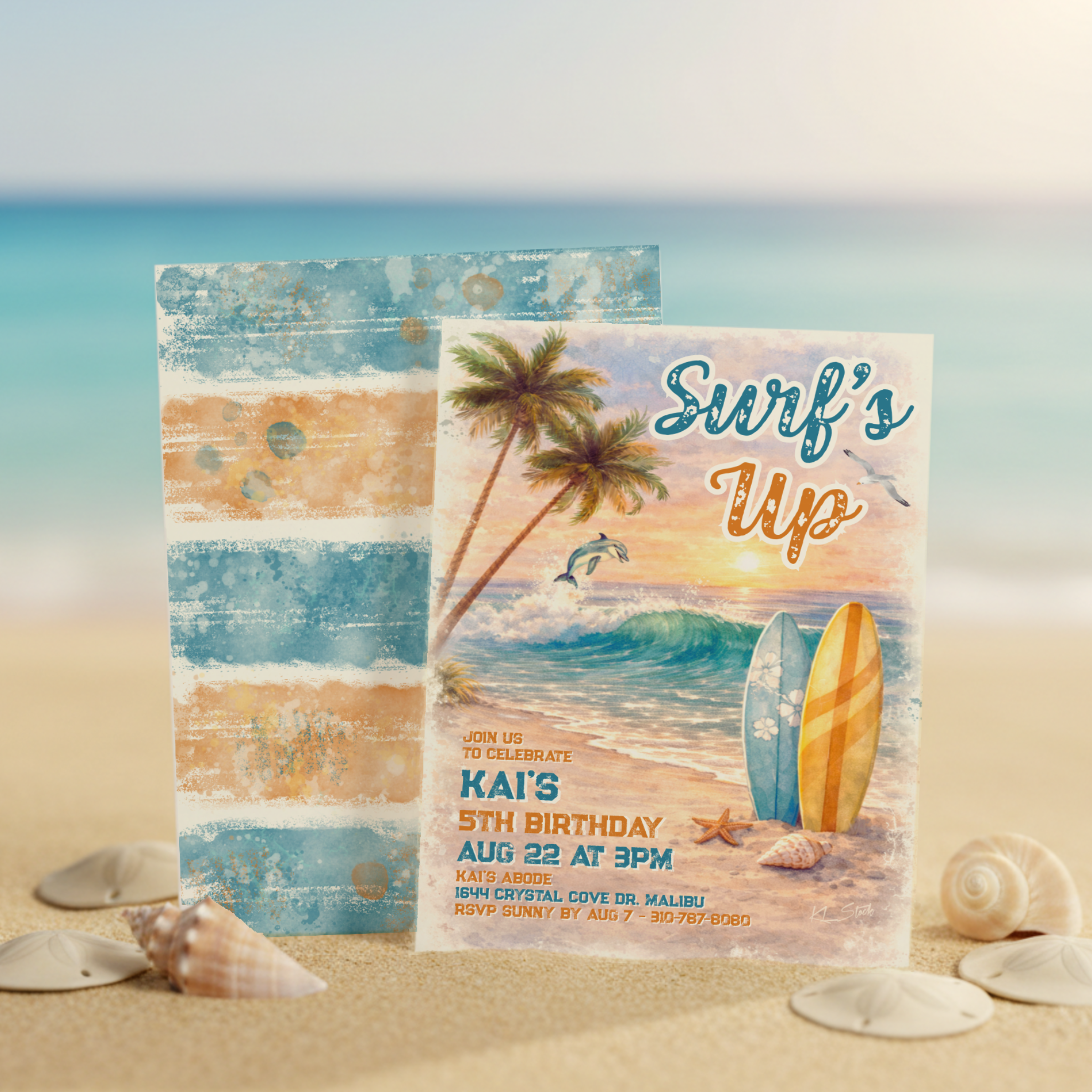Surf’s Up birthday invitation featuring a watercolor tropical beach scene, ocean waves and retro surfboards in soft coastal tones.