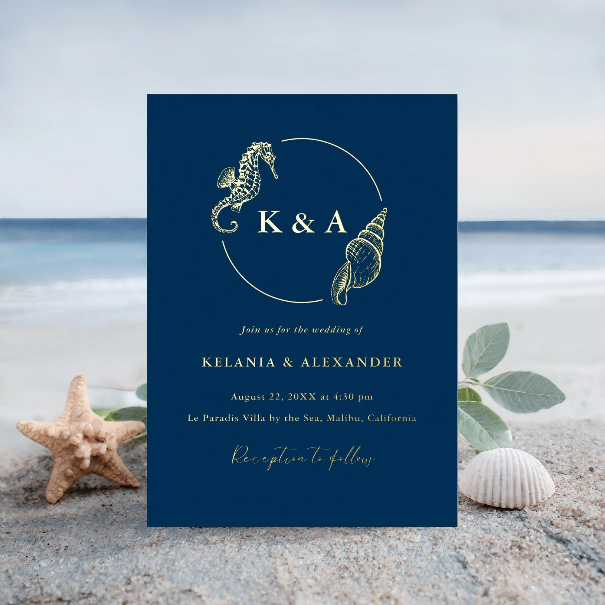 Celebrate love everlasting and the enchanting allure of the sea with this SEATERNAL Nautical Waves gold foil wedding invitation. The abstract watercolor ocean waves with coastal colors in varying shades of beach-y blues and turquoise will set a seren