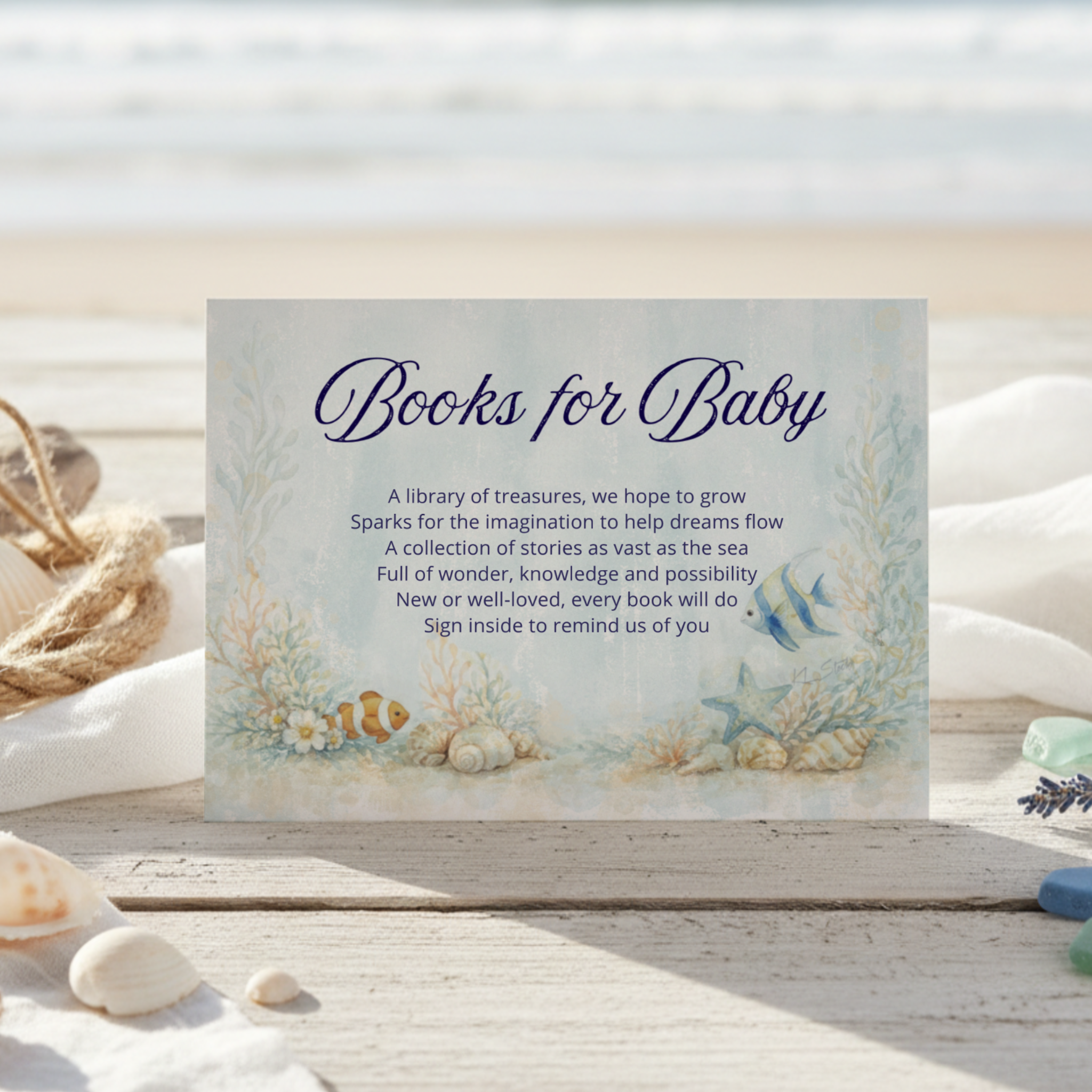 Sea You Soon Baby shower Books for Baby enclosure card featuring a watercolor coral reef and tropical fish. Perfect for beach, nautical and under-the-sea themed celebrations.