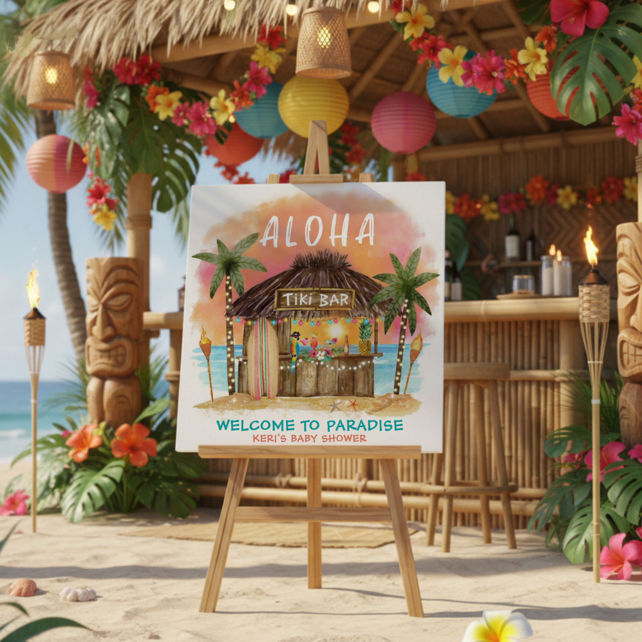 A warm, tropical baby shower welcome sign featuring a tiki bar, palm trees, ocean waves, and a glowing sunset. A bright and beachy way to greet guests with customizable event text.