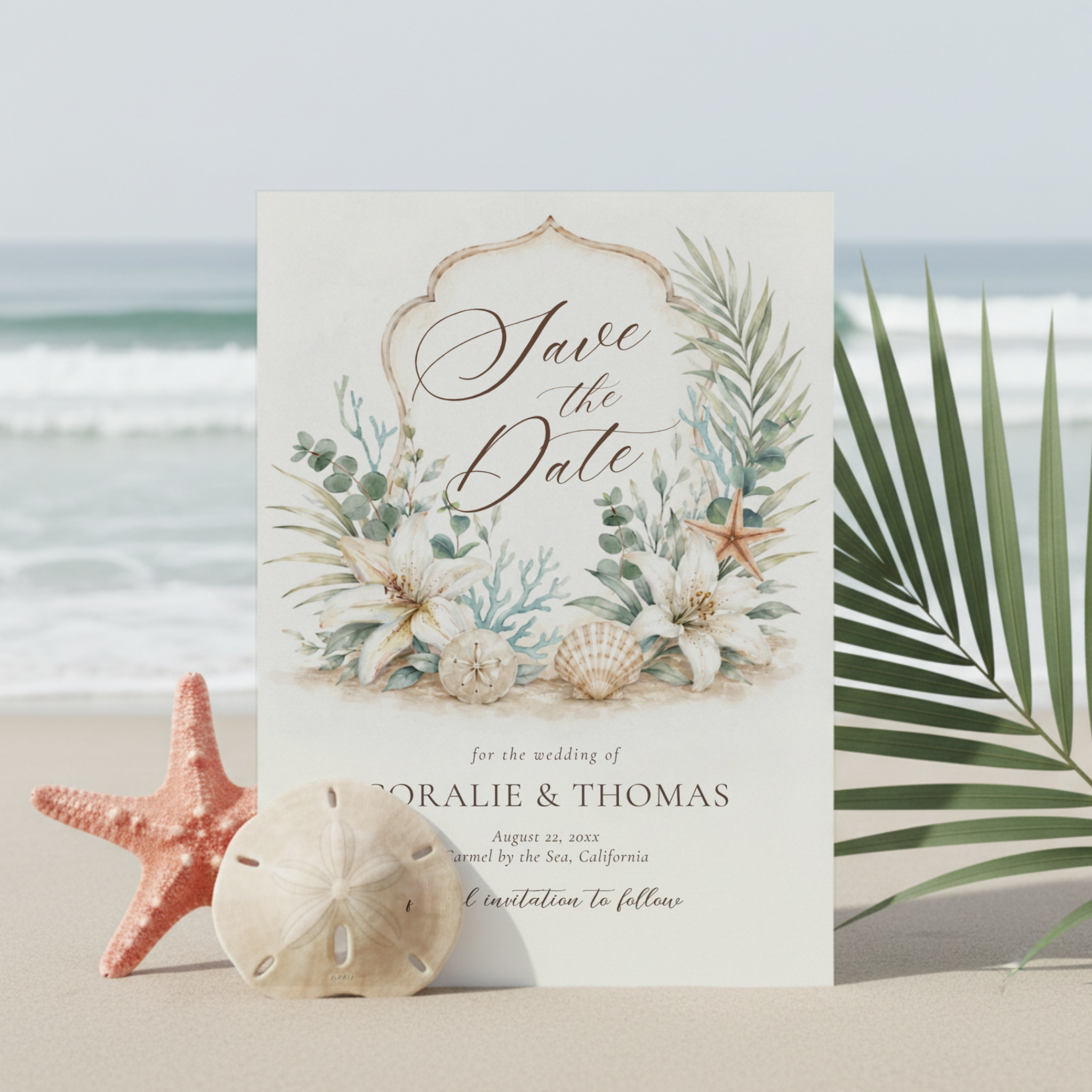 Tropical Boho Beach Wedding Save the Date featuring a personalized watercolor wedding crest adorned with white Oriental lilies, seashells, coral accents, palm fronds, and eucalyptus leaves. Perfect for destination weddings, coastal celebrations, and 