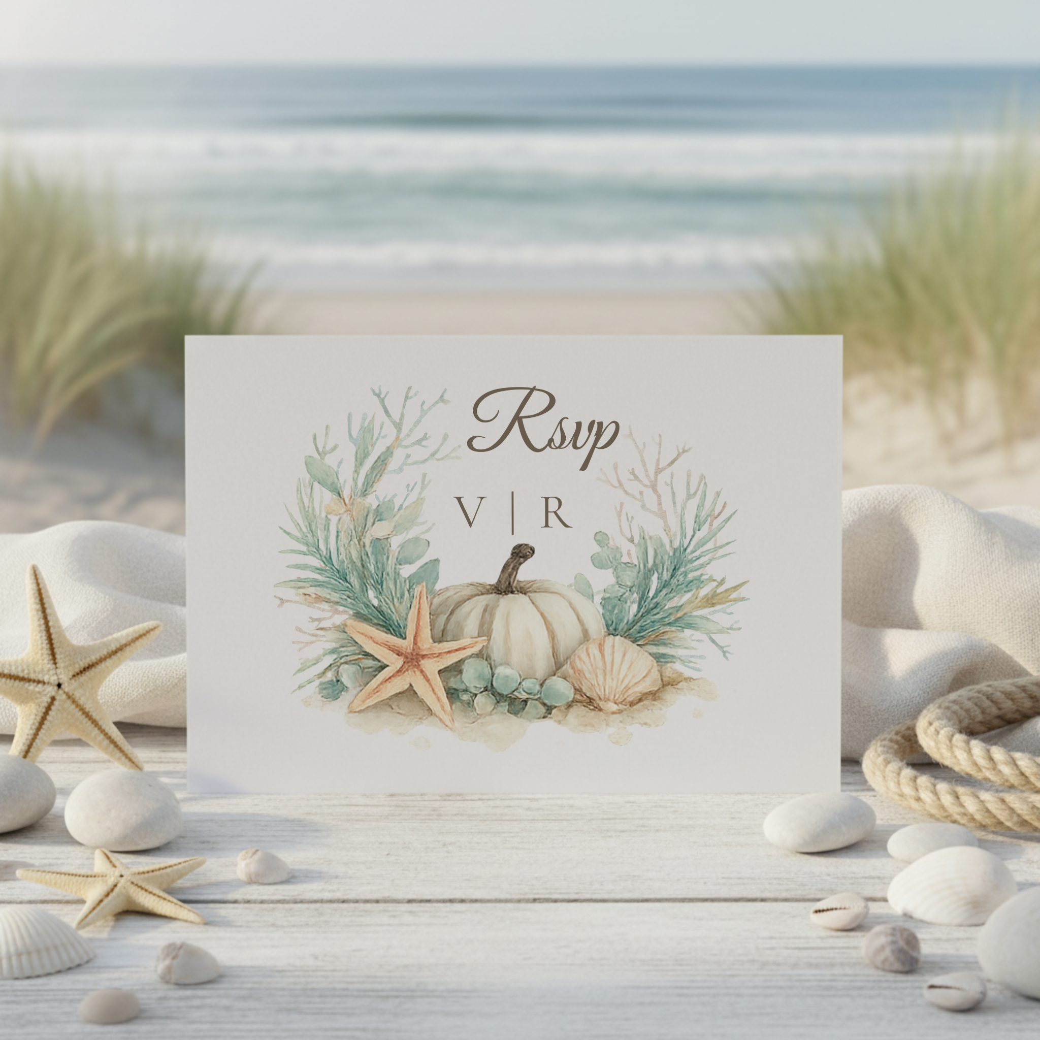 Coastal fall wedding RSVP enclosure card featuring watercolor white pumpkin, seashells, starfish, eucalyptus and palm greenery, perfect for autumn beach weddings