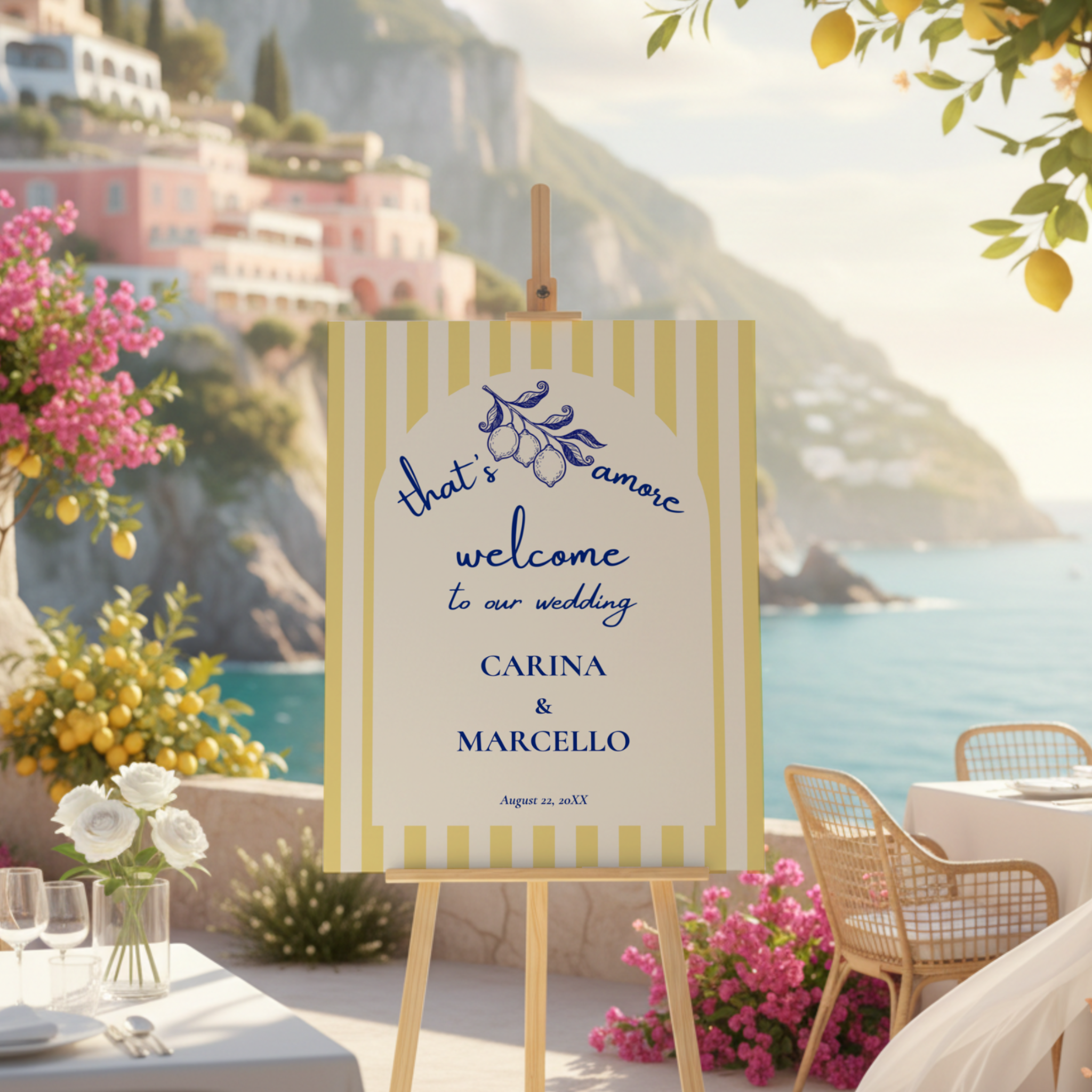 Amalfi Coast “That’s Amore” Lemon Stripe Wedding Welcome Sign