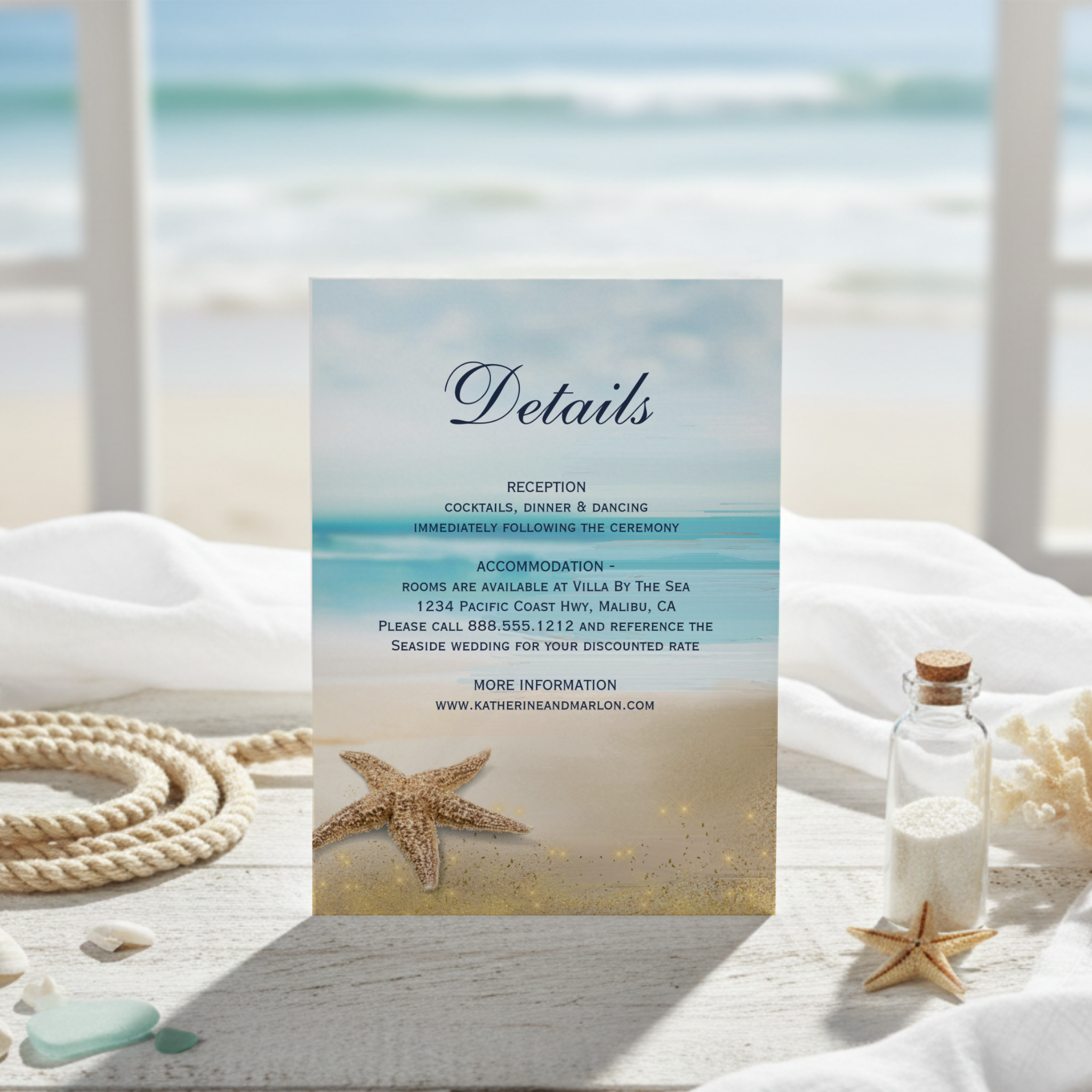 Beach theme wedding details card featuring watercolor ocean waves, sandy shore and a starfish sea shell. Perfect for coastal, nautical and tropical destination weddings