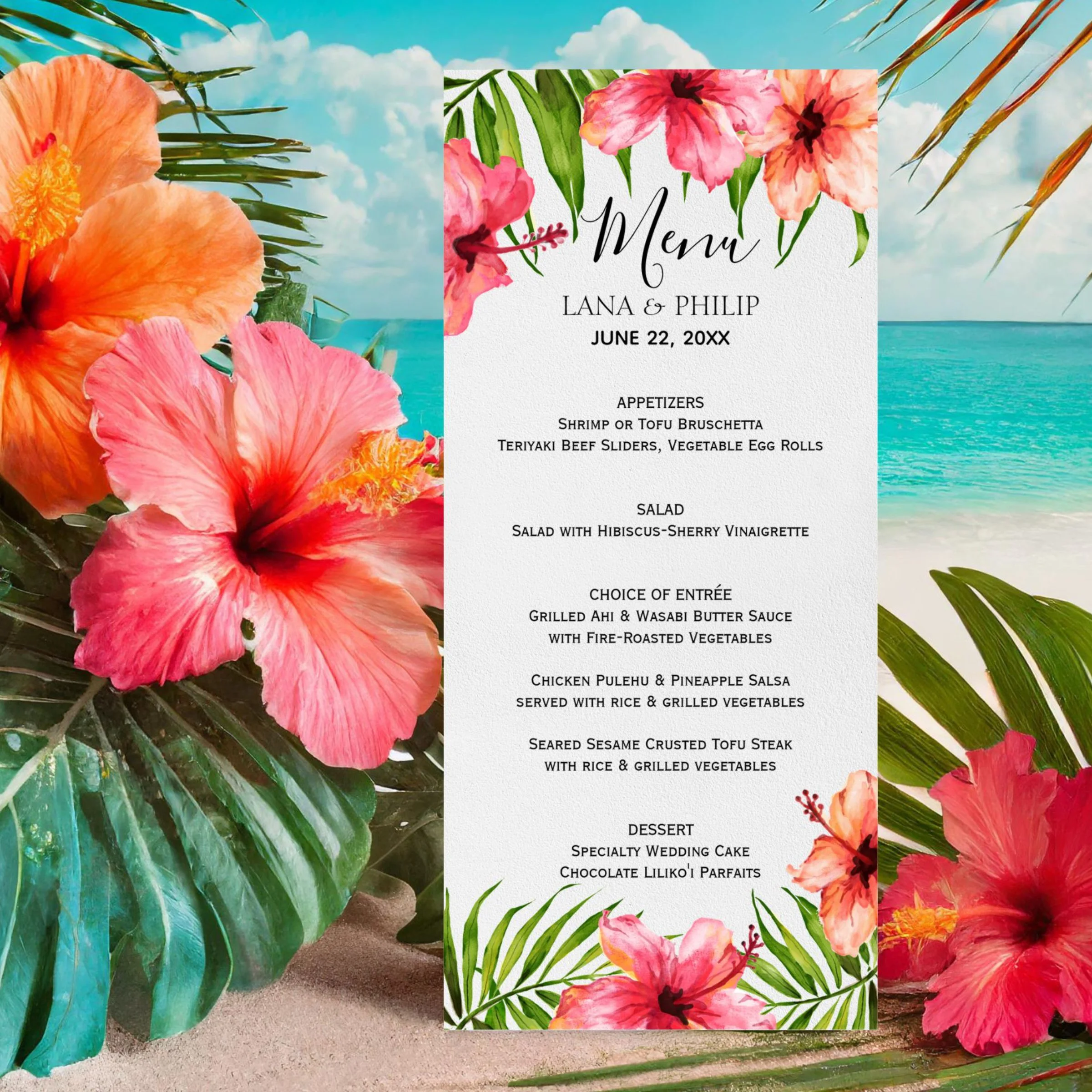 Beautiful wedding menu featuring watercolor palm leaves and hibiscus flowers, perfect for beach, tropical, Hawaiian and island destination weddings
