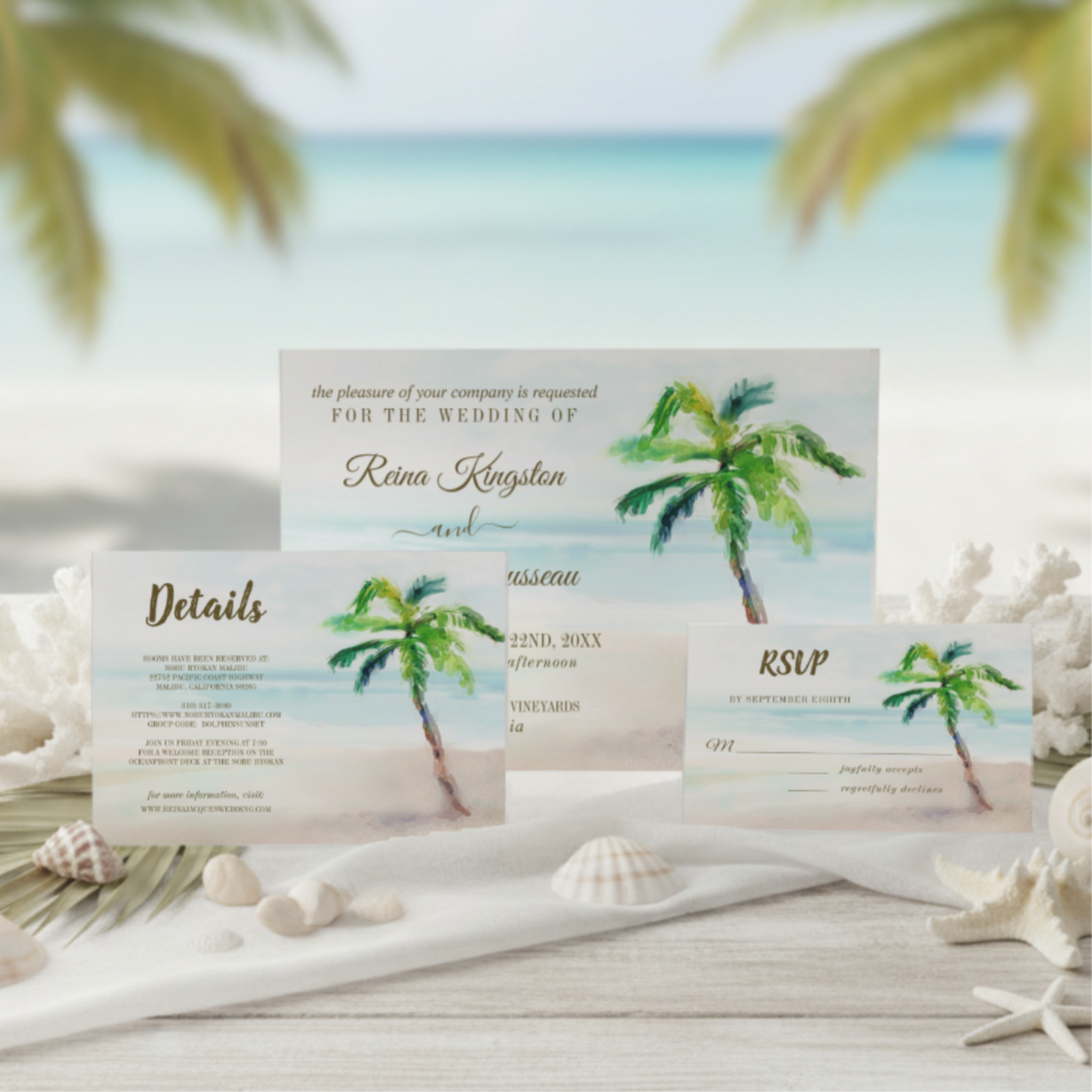 Tropical palm tree wedding invitation suite with watercolor beach scene and turquoise ocean accents.
