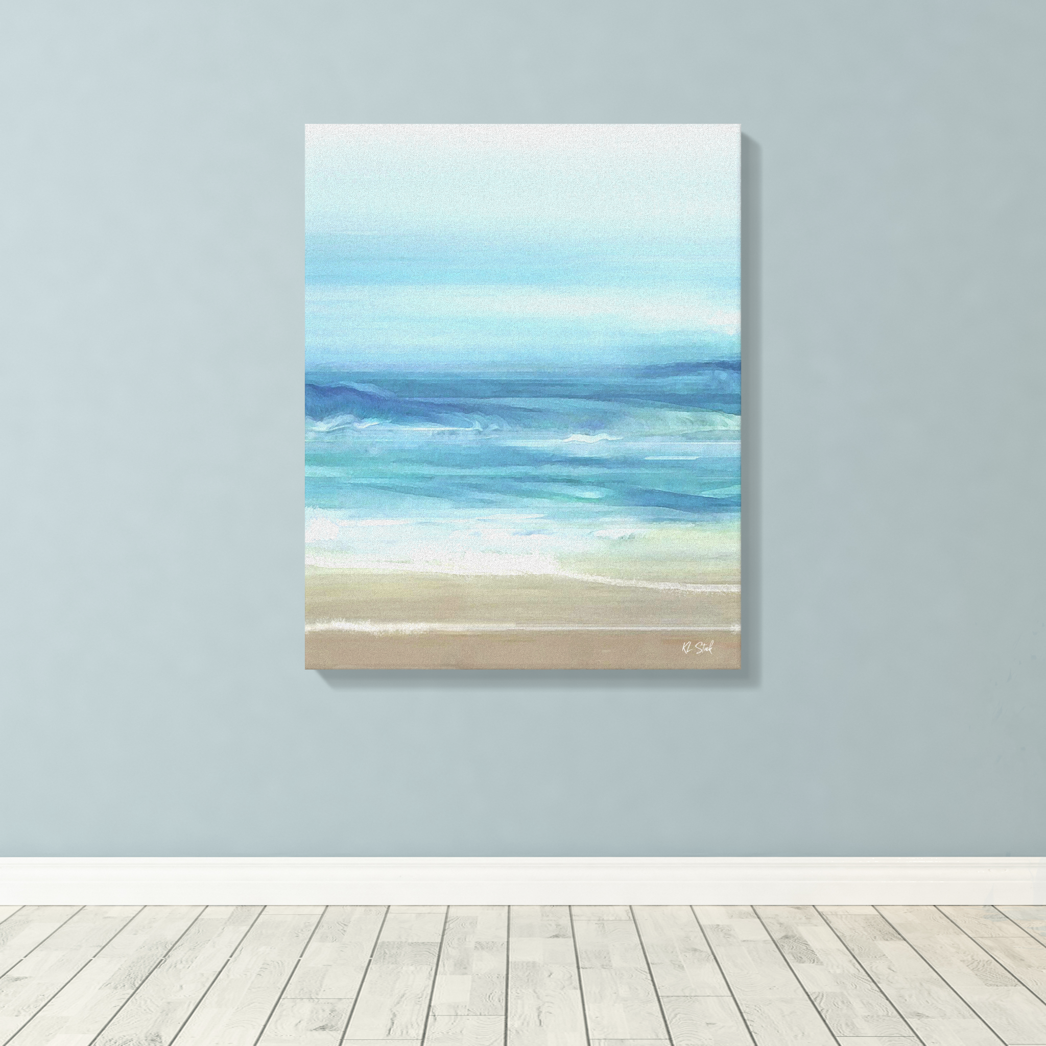 Add a serene seaside vibe to your walls with this coastal wrapped canvas abstract art featuring sea blue watercolor ocean waves and beige beach sand. 